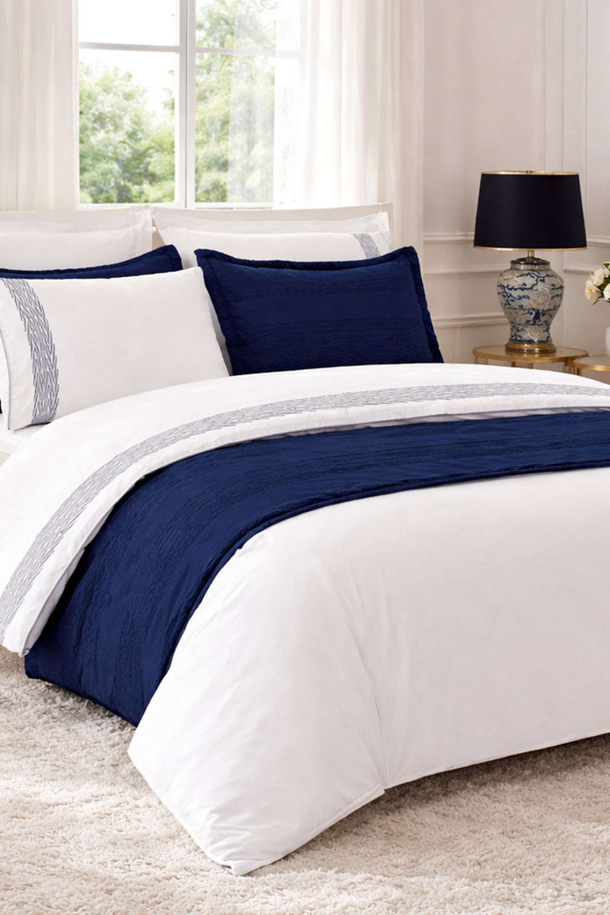 Özdilek Runnerlı Çift Kişilik Nakışlı Velvet Pikeli Gelin Seti - LACİVERT