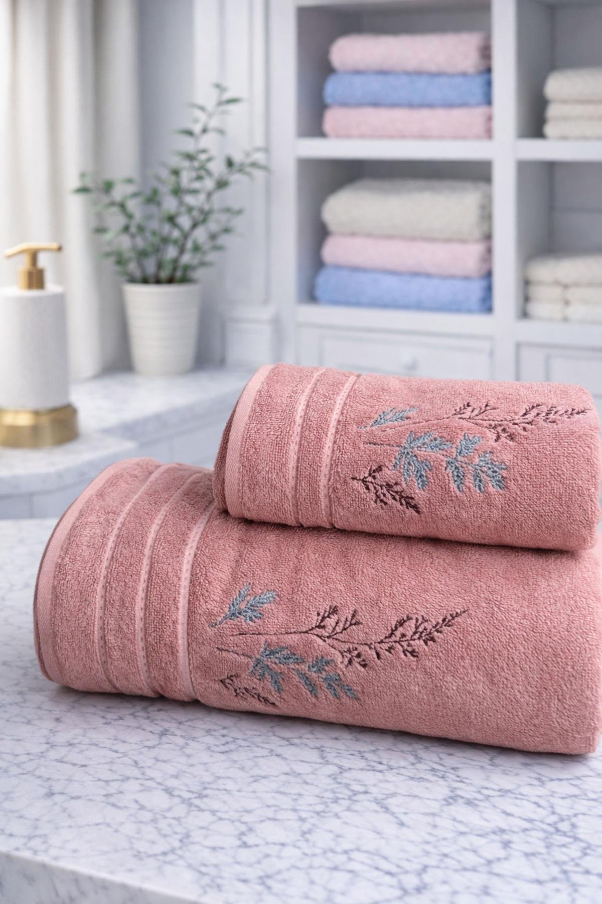 Özdilek Soft Leaf Best Set (Hamam Takımı) Pembe-Antrasit