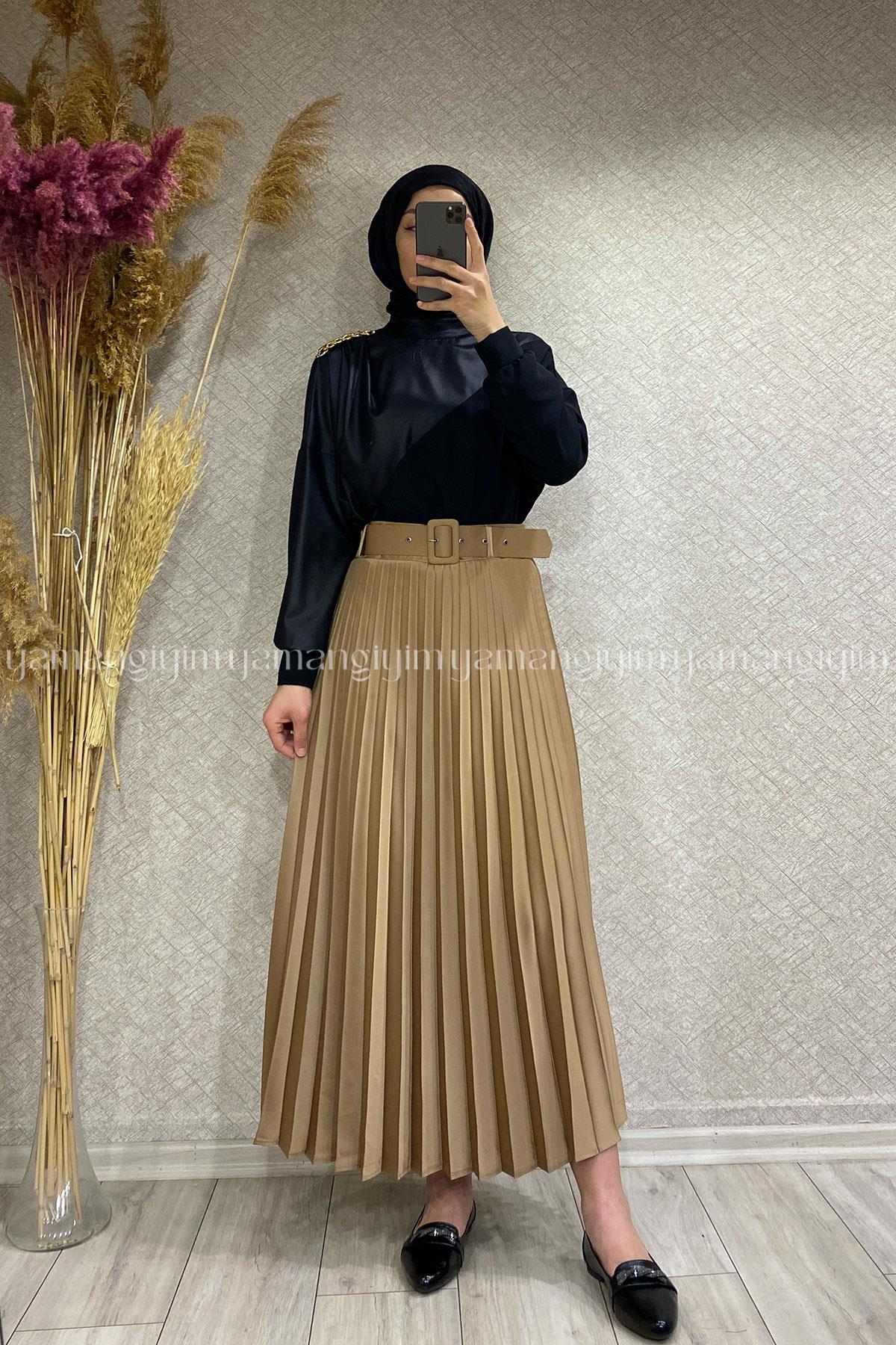 PLİSELİ SATEN ETEK - Camel