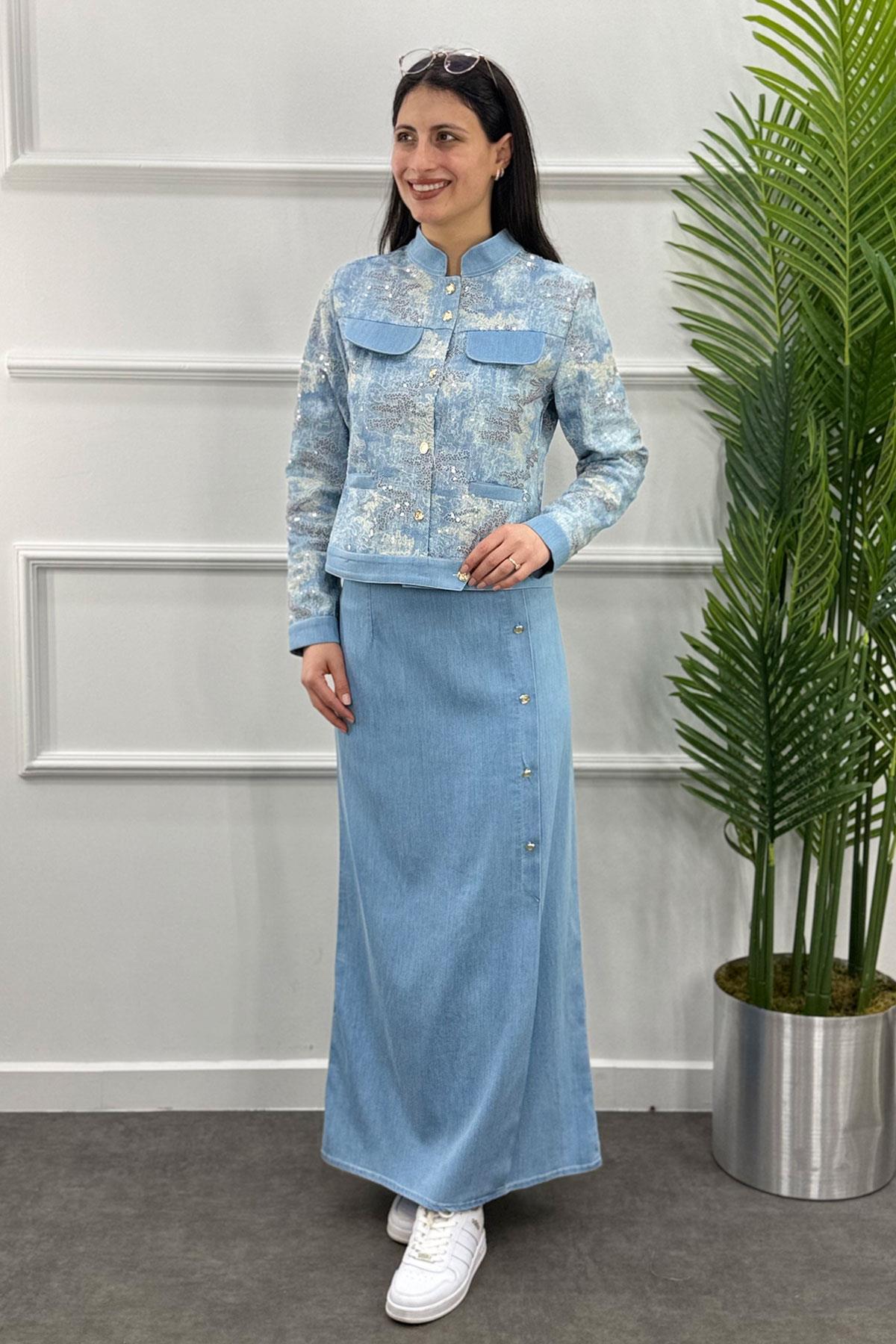 Pul Payet Ceketli Etekli Tensel Takım - Buzmavi