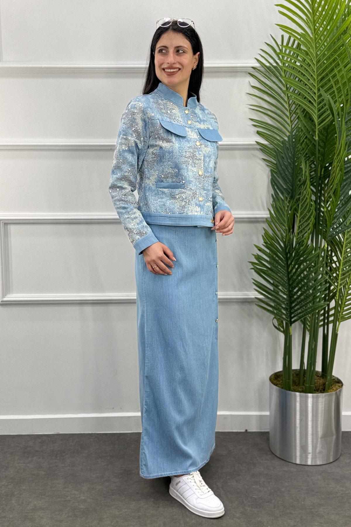 Pul Payet Ceketli Etekli Tensel Takım - Buzmavi