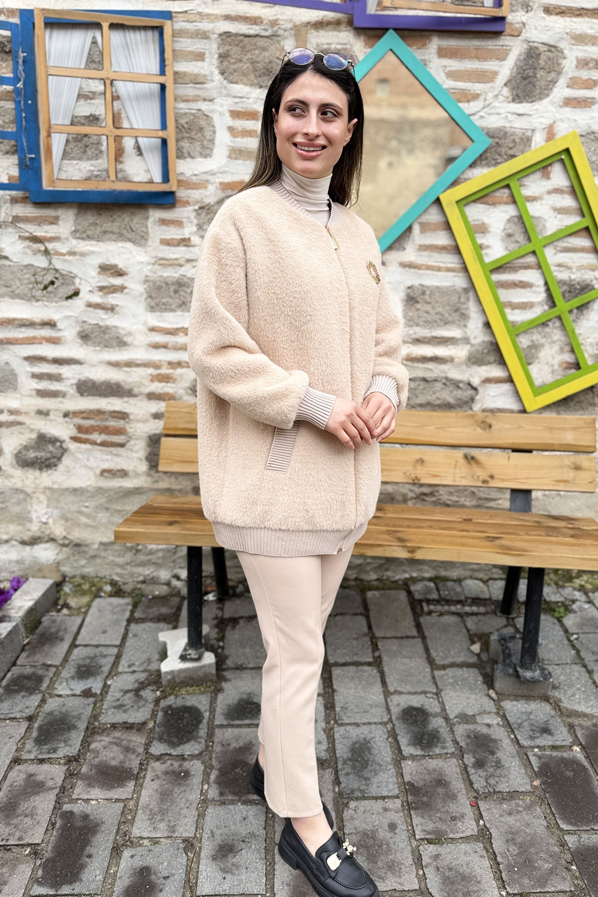 Ribana Detaylı Oversize Angora Kap - BEJ