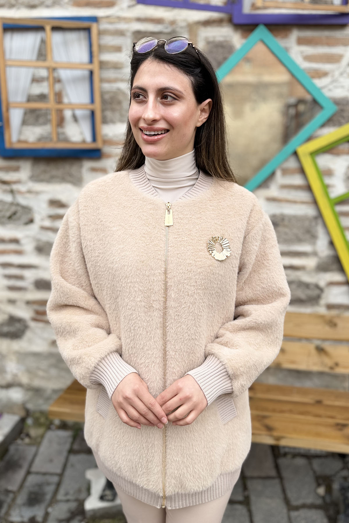 Ribana Detaylı Oversize Angora Kap - BEJ