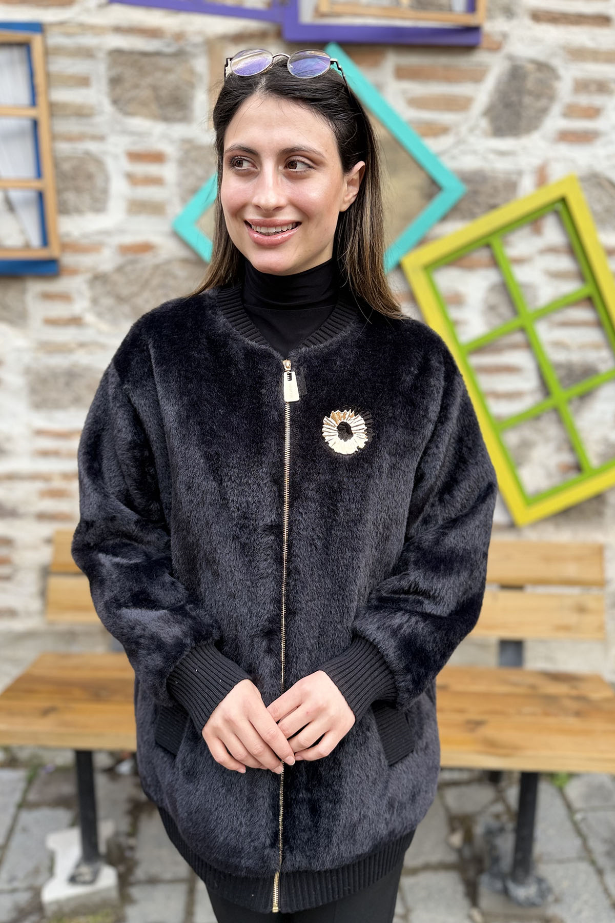 Ribana Detaylı Oversize Angora Kap - SİYAH