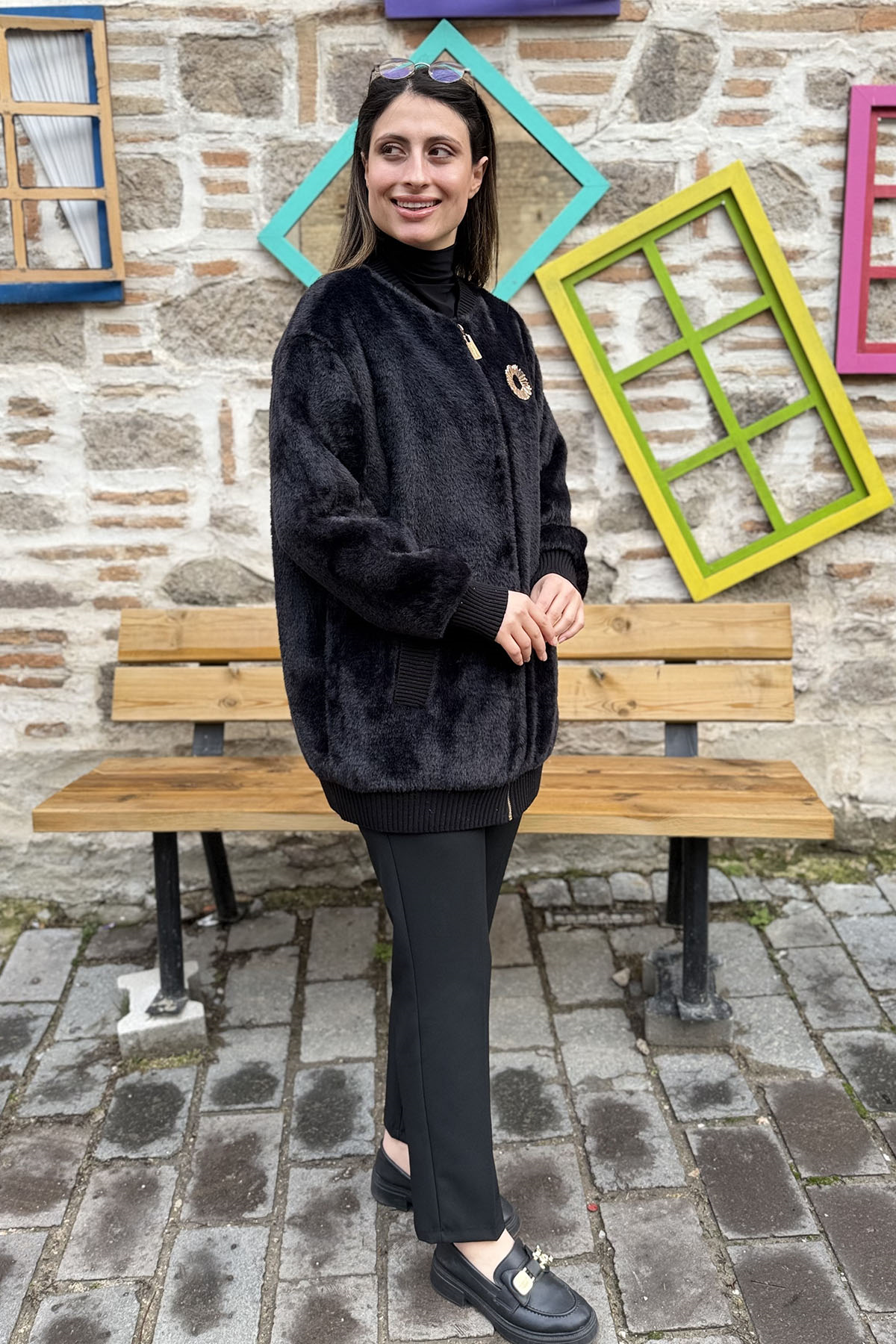 Ribana Detaylı Oversize Angora Kap - SİYAH