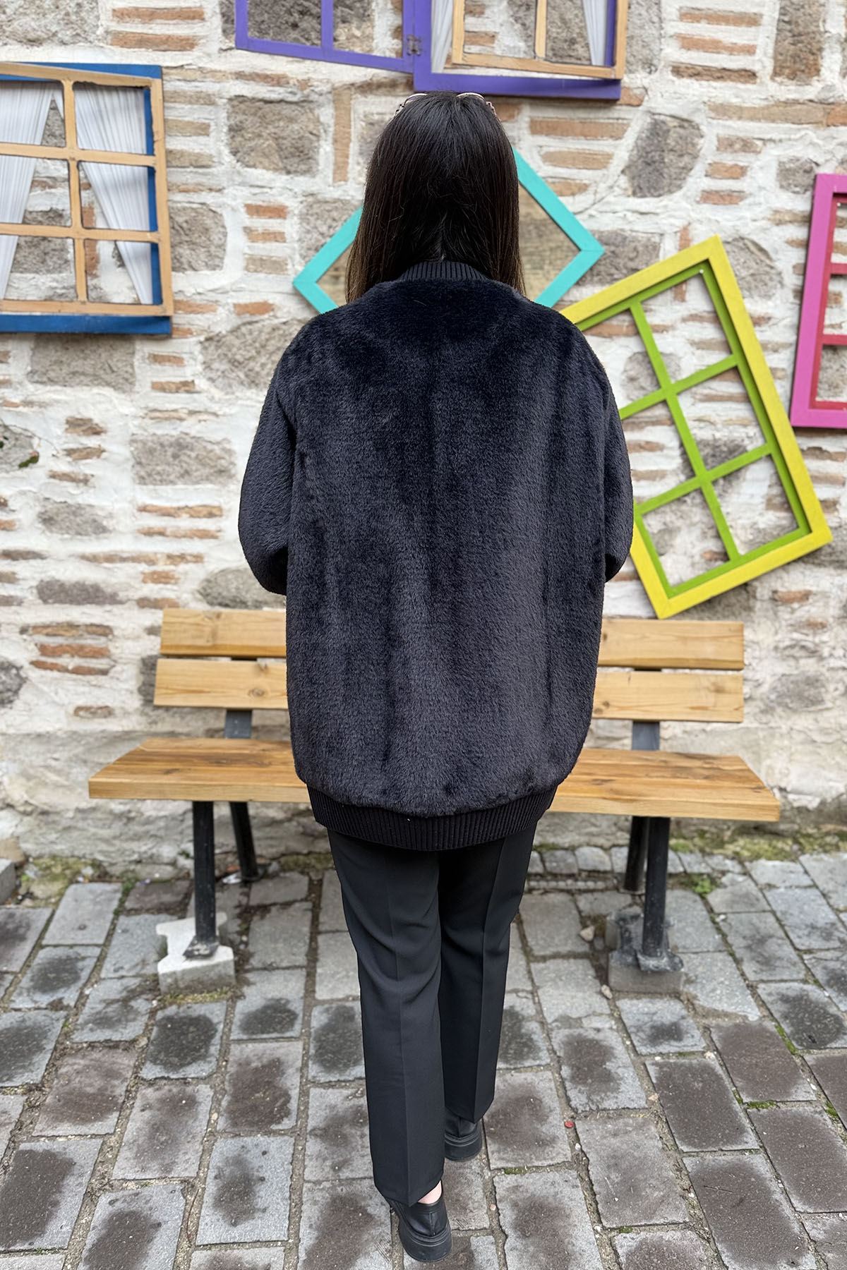 Ribana Detaylı Oversize Angora Kap - SİYAH