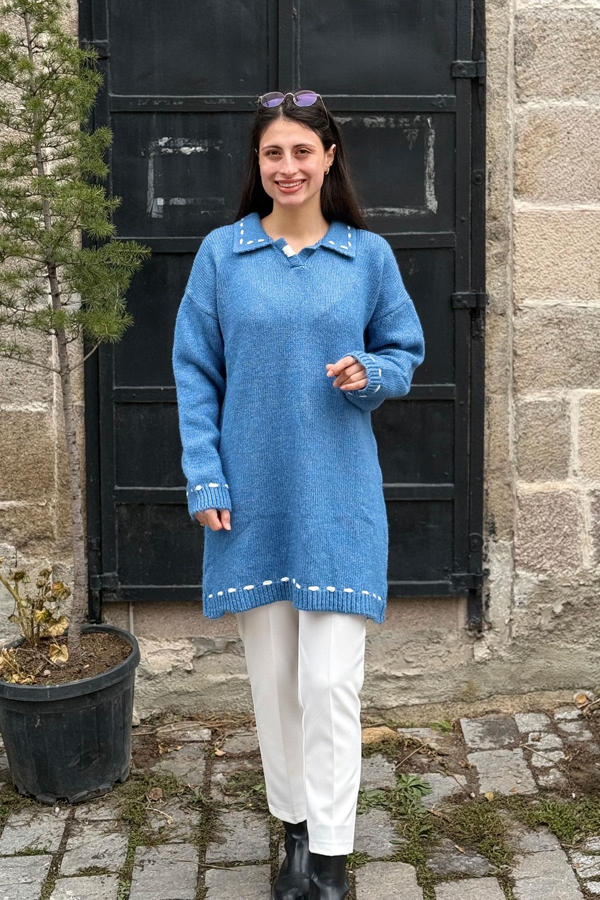 Şardonlu Elişili Gömlek Yaka Tunik - MAVİ