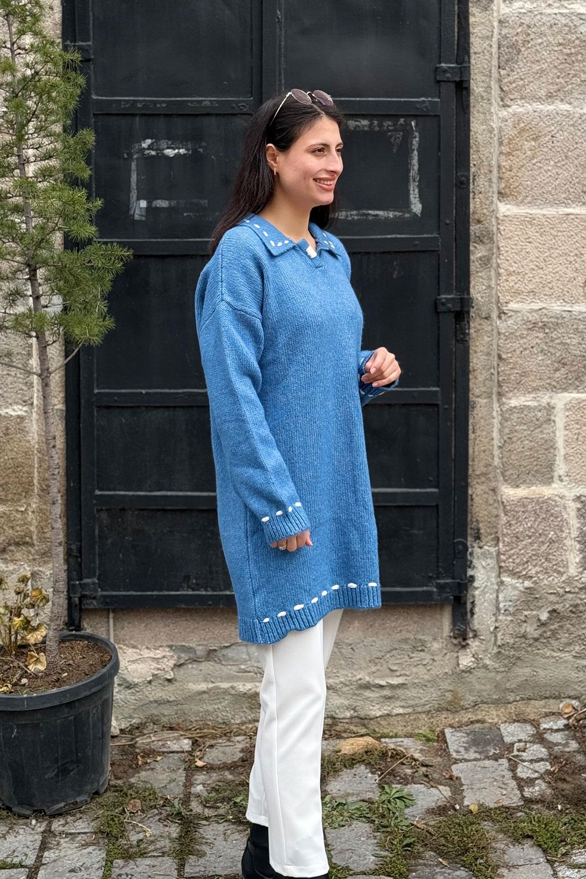 Şardonlu Elişili Gömlek Yaka Tunik - MAVİ