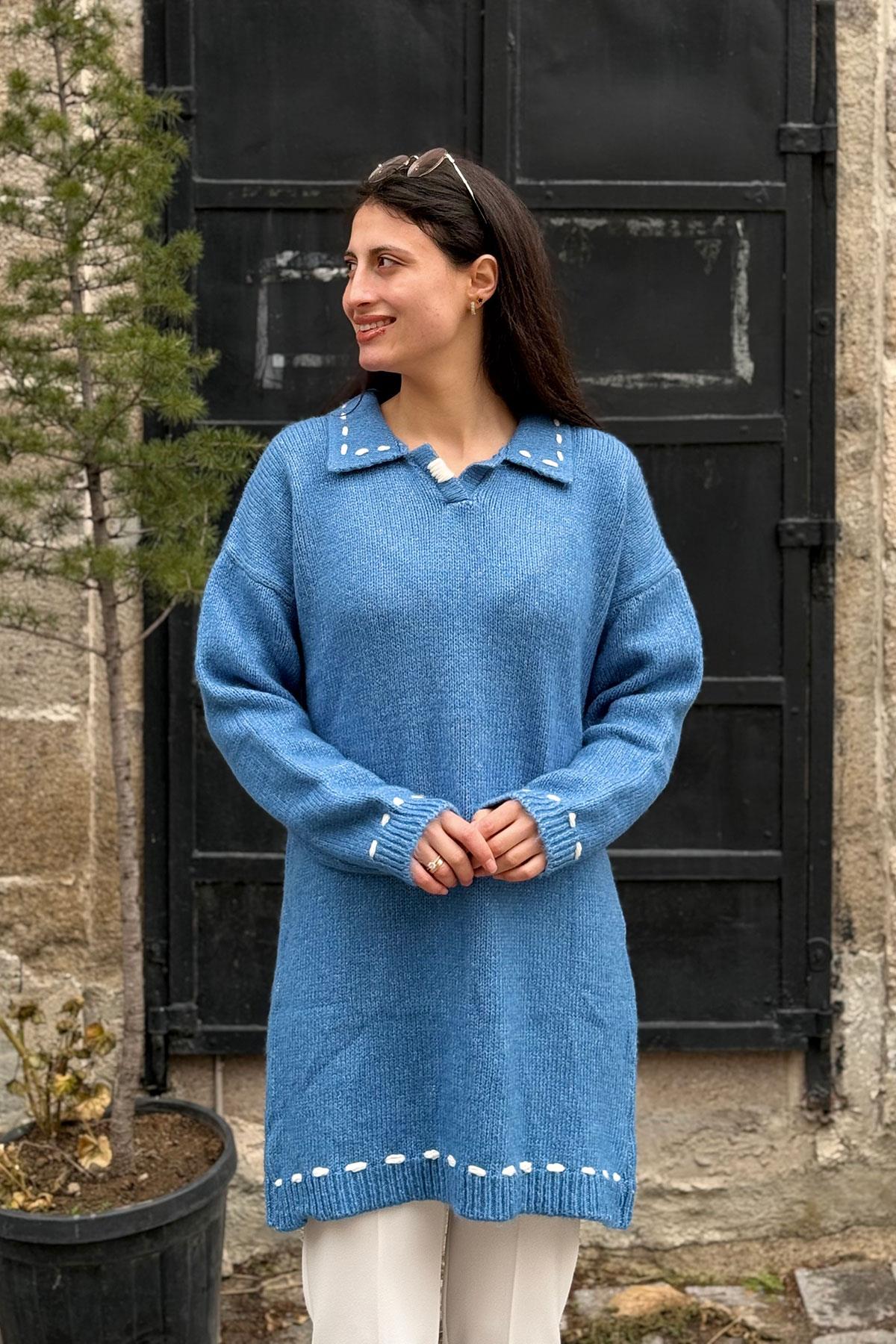 Şardonlu Elişili Gömlek Yaka Tunik - MAVİ