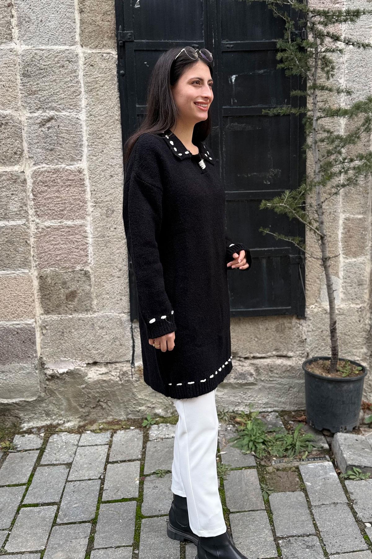 Şardonlu Elişili Gömlek Yaka Tunik - SİYAH