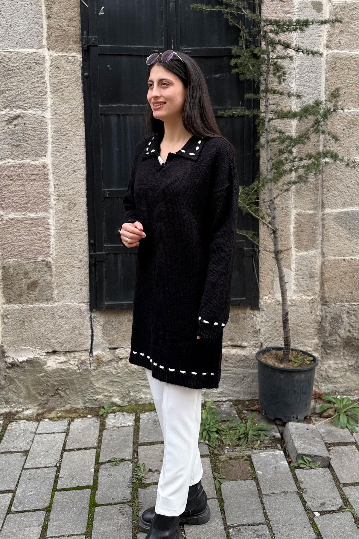 Şardonlu Elişili Gömlek Yaka Tunik - SİYAH