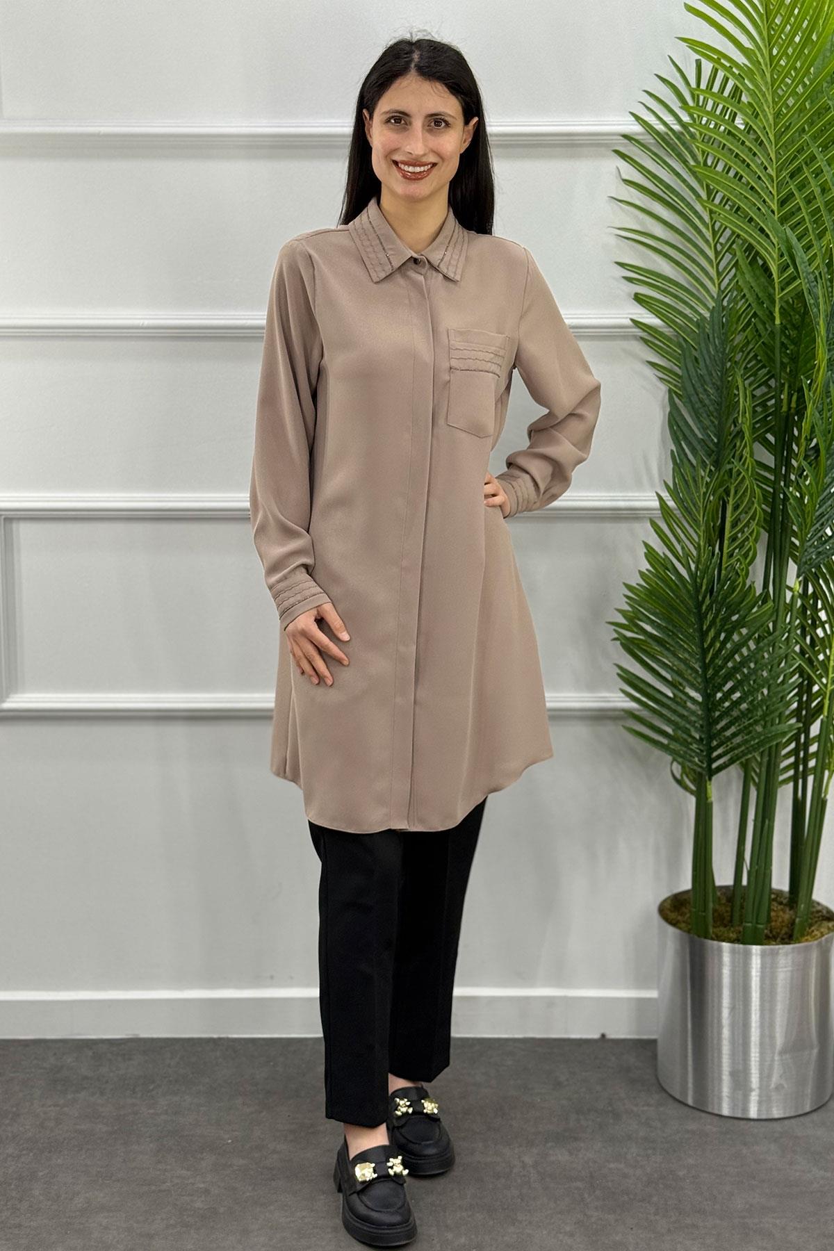 Şerit Taşlı Gizli Patlı Cepli Tunik - Taş