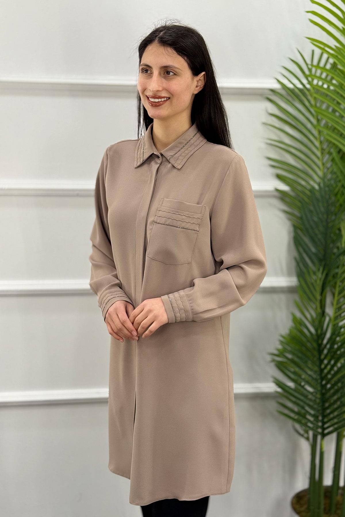 Şerit Taşlı Gizli Patlı Cepli Tunik - Taş