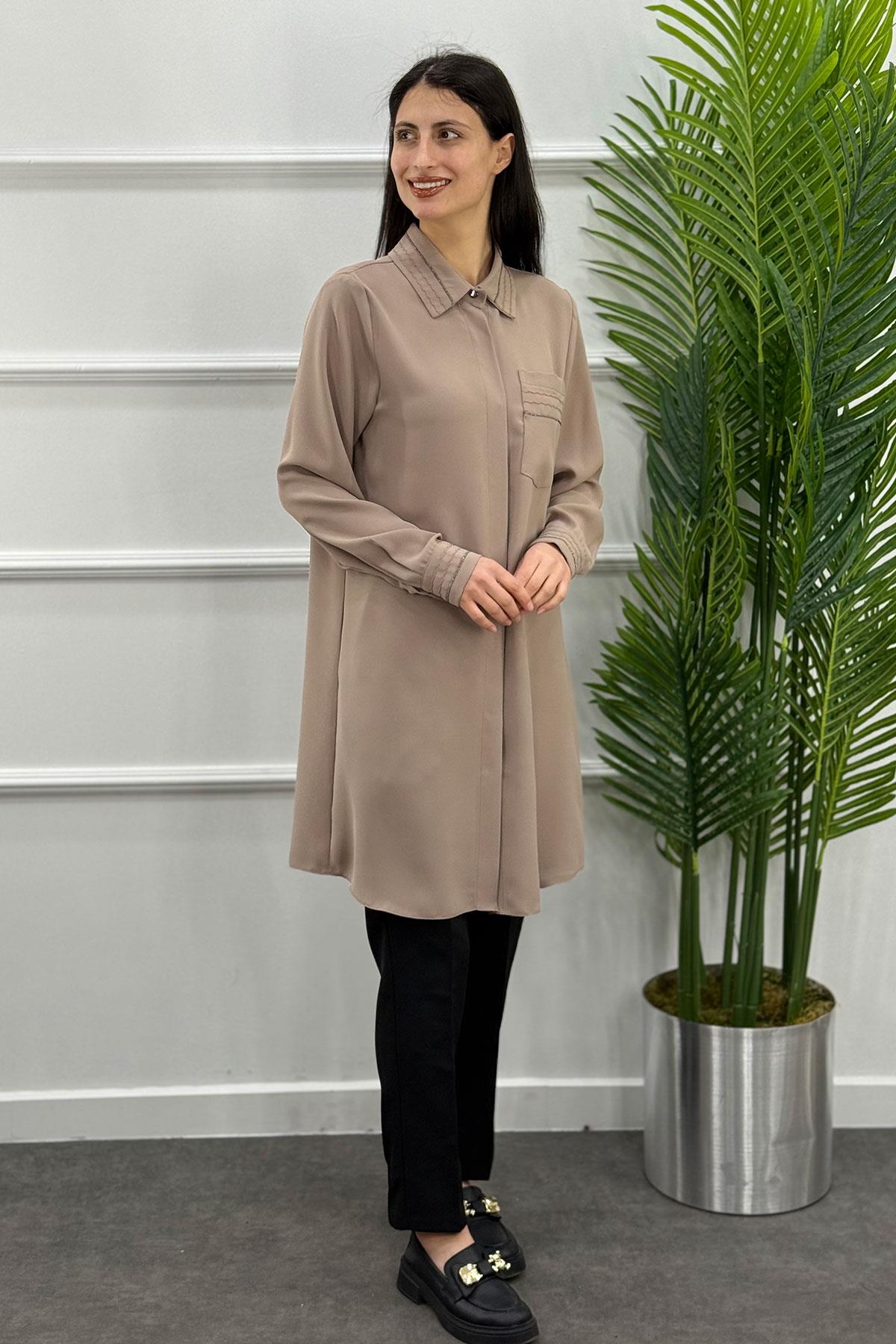 Şerit Taşlı Gizli Patlı Cepli Tunik - Taş