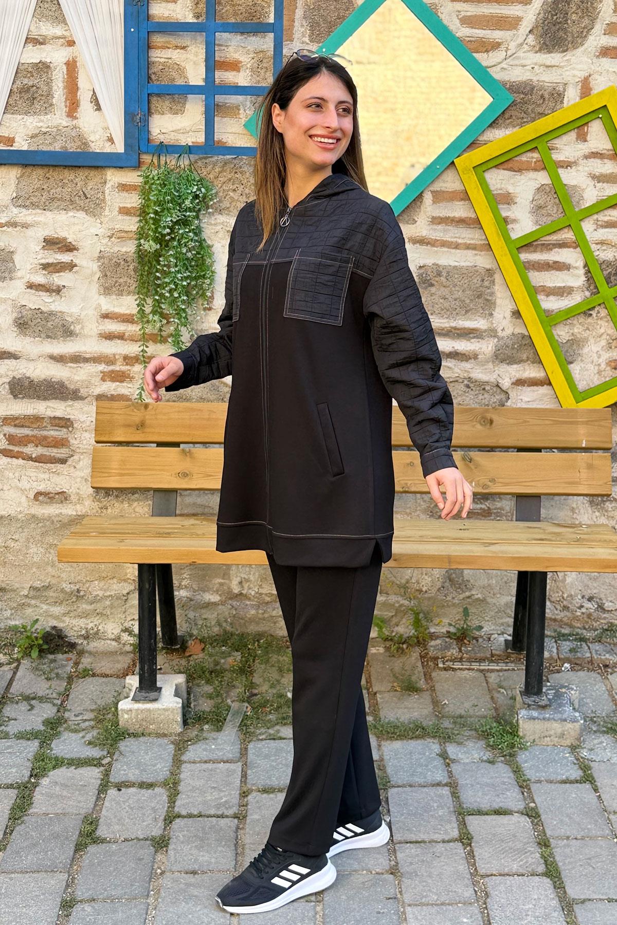 Sırtı Desenli Kapitone Garnili Pantolonlu Takım - SİYAH