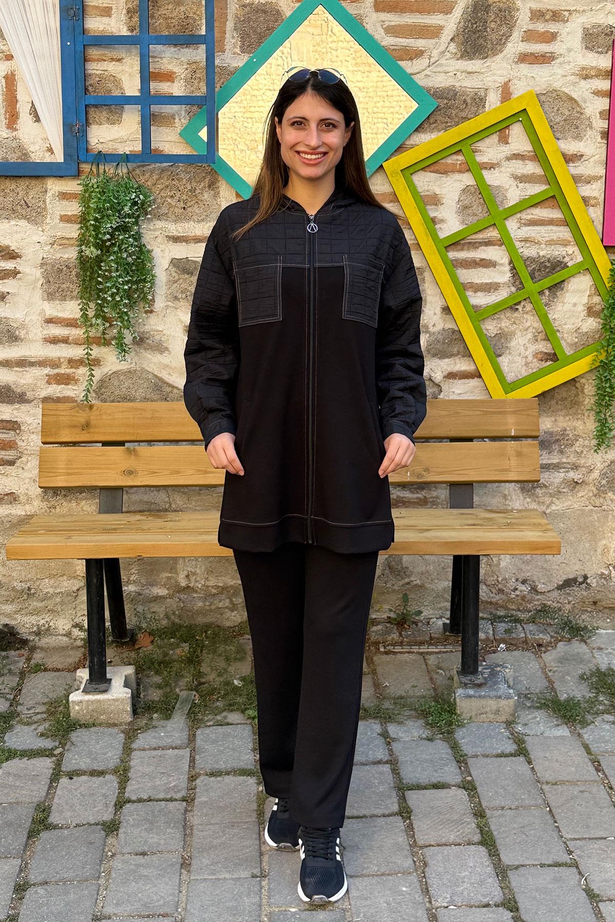 Sırtı Desenli Kapitone Garnili Pantolonlu Takım - SİYAH