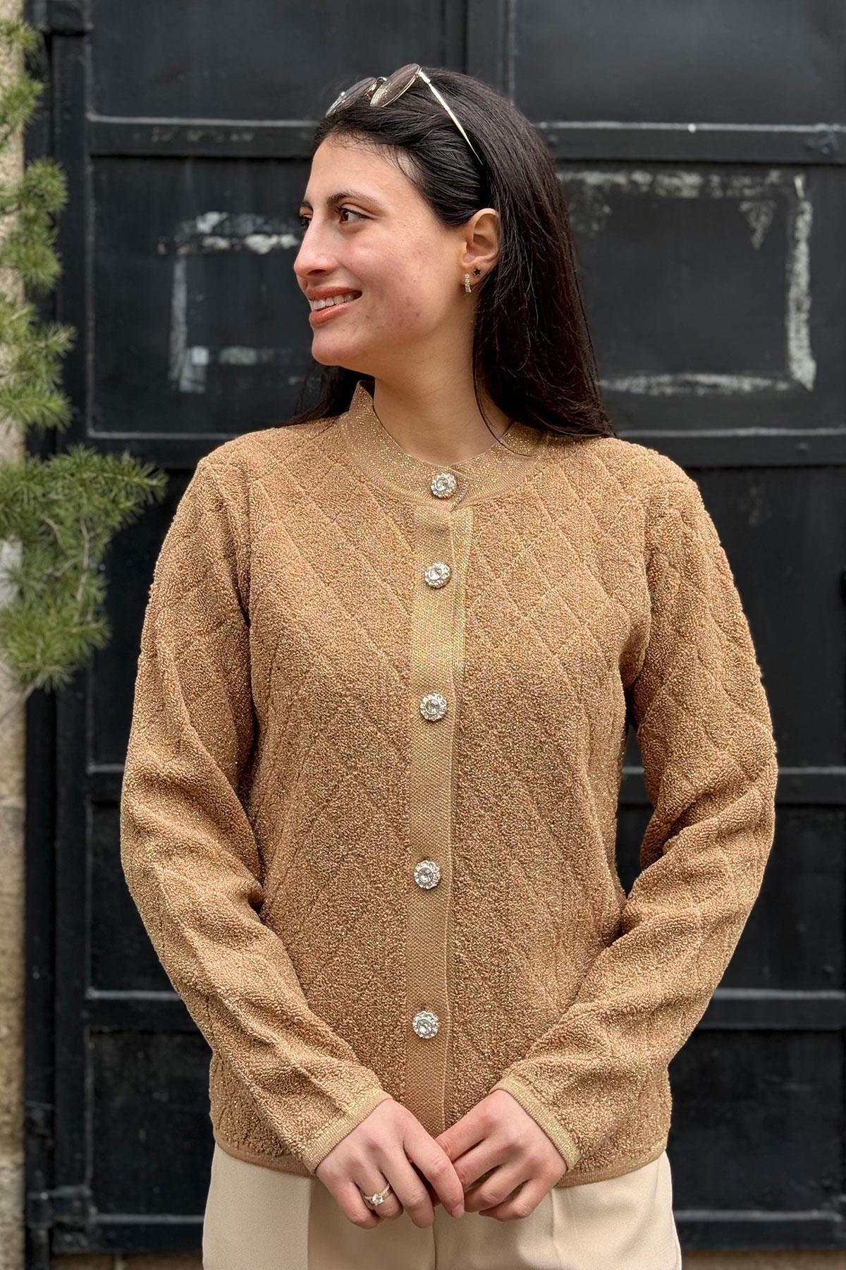 Taşlı Düğmeli Simli Kadın Hırka - CAMEL