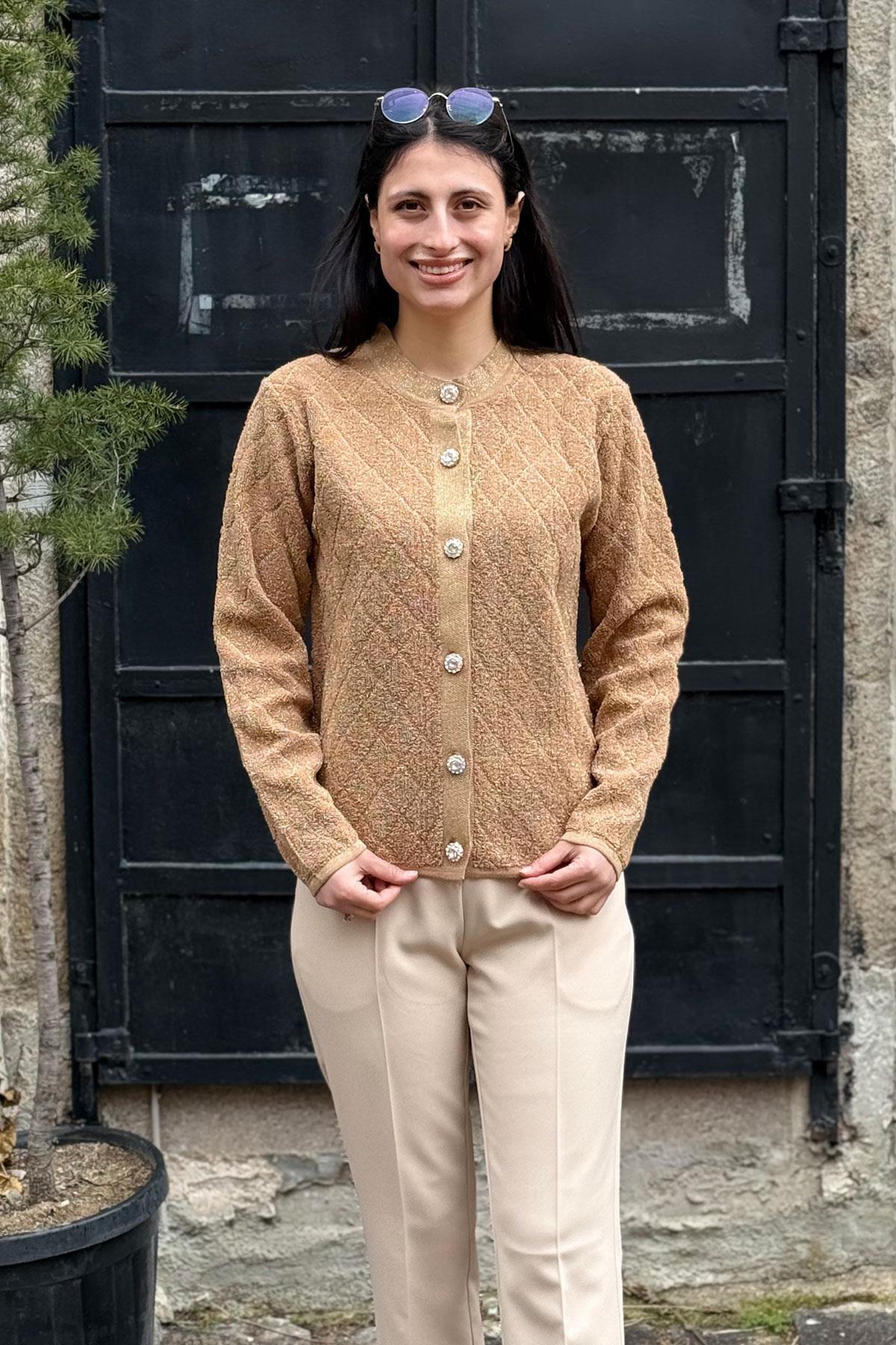 Taşlı Düğmeli Simli Kadın Hırka - CAMEL