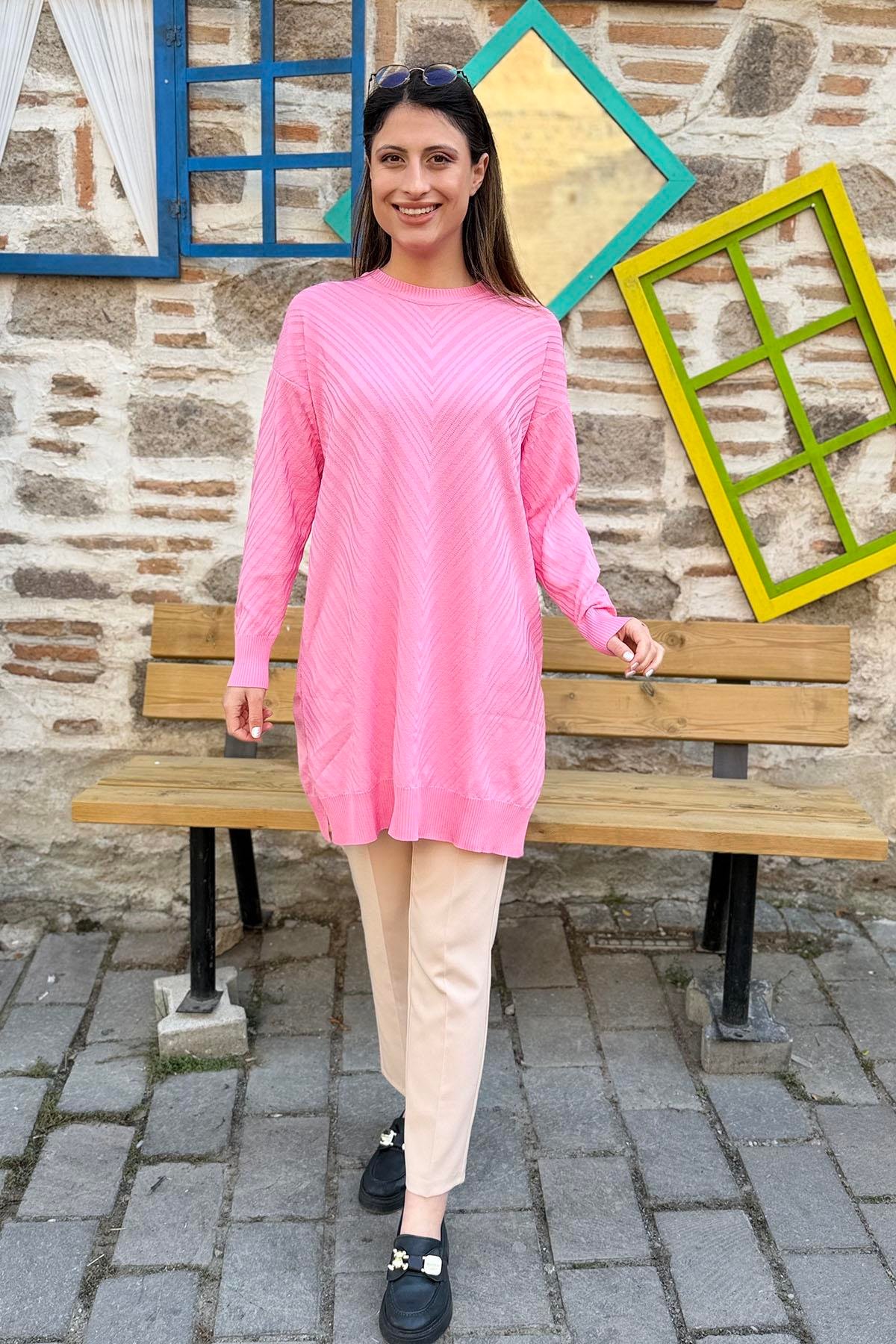 V Desenli Oversize Triko Tunik - Pembe