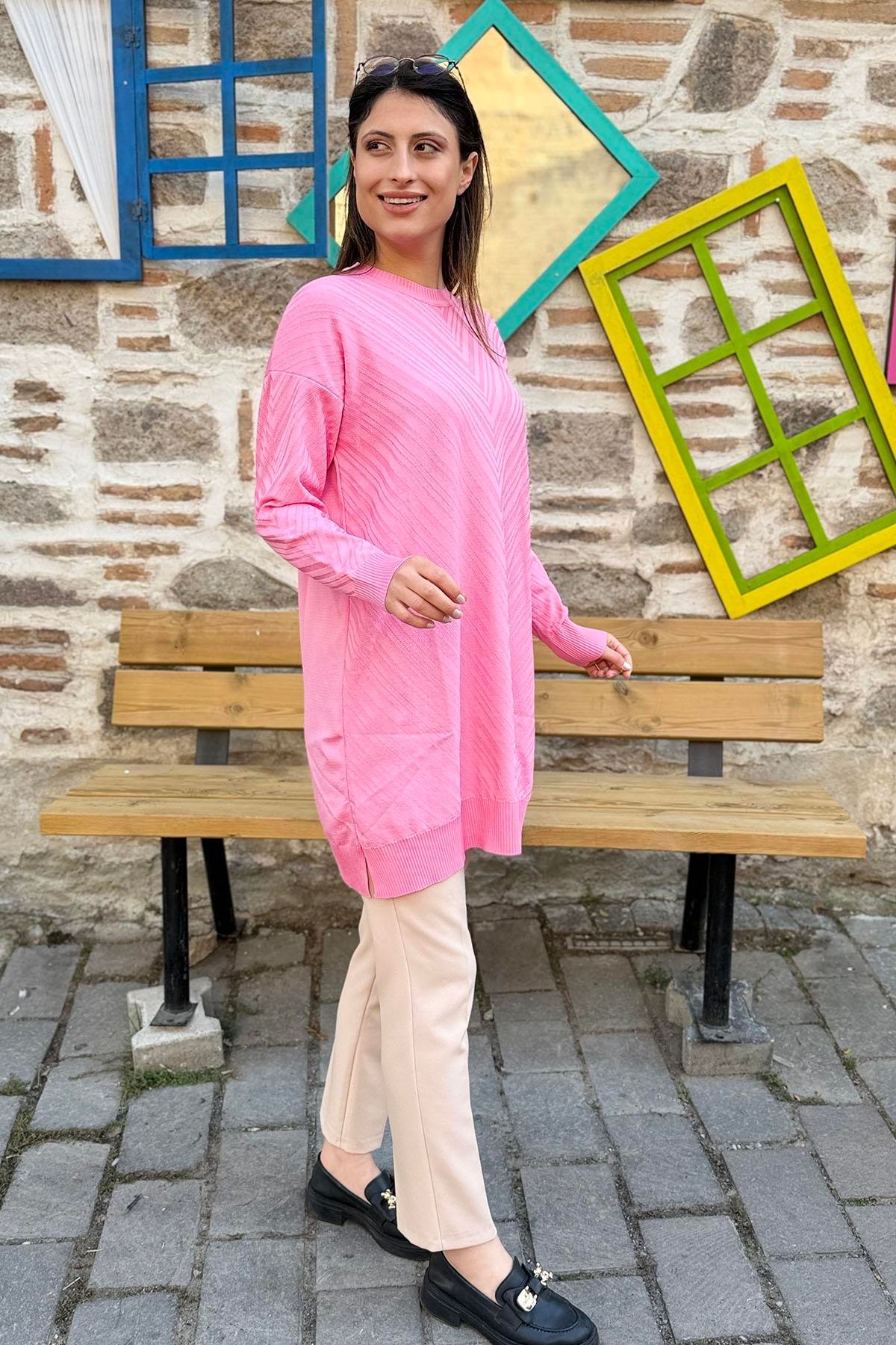 V Desenli Oversize Triko Tunik - Pembe