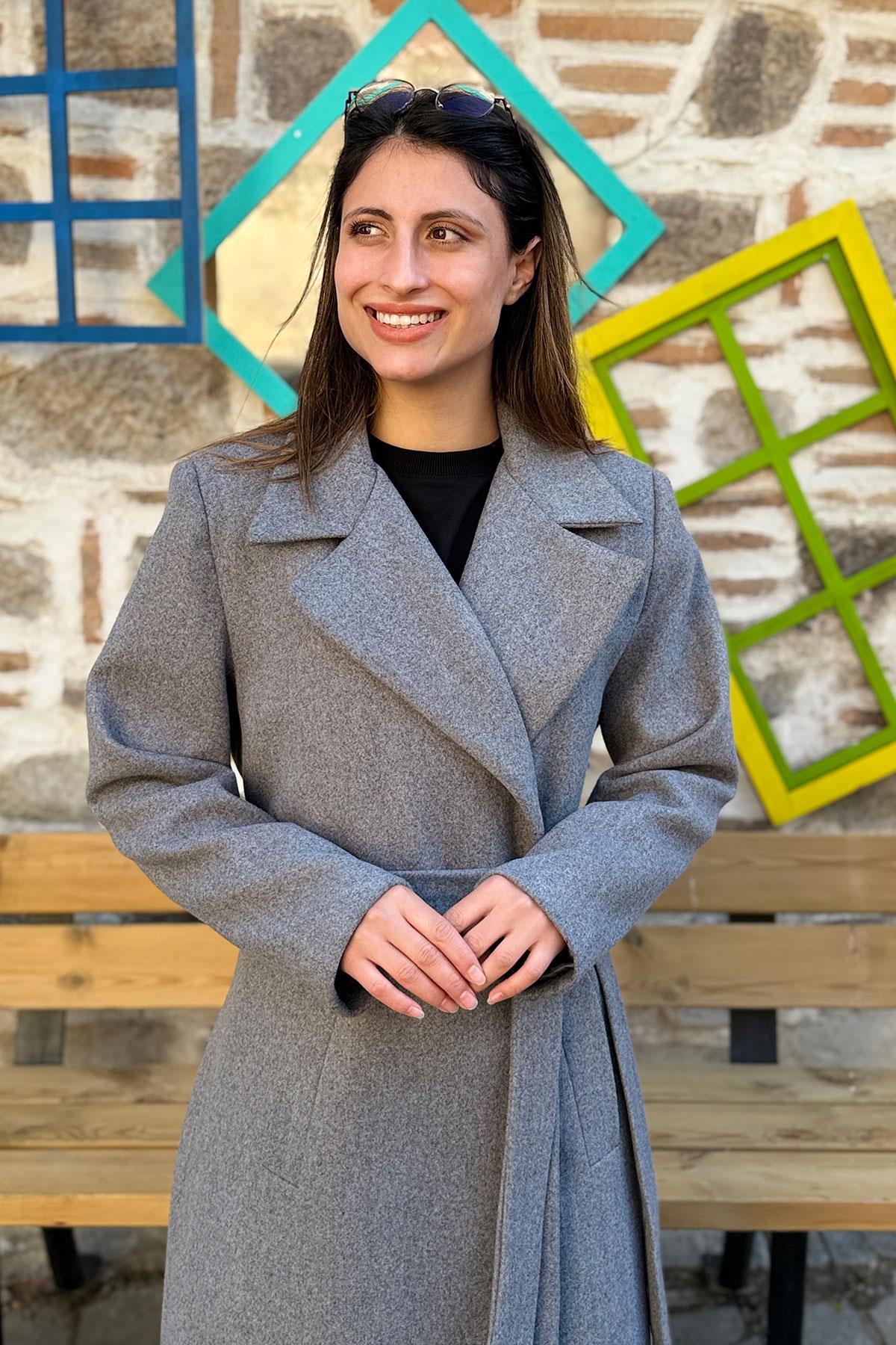 Yandan Bağlamalı Kruvaze Kaşe Kaban - GRİ