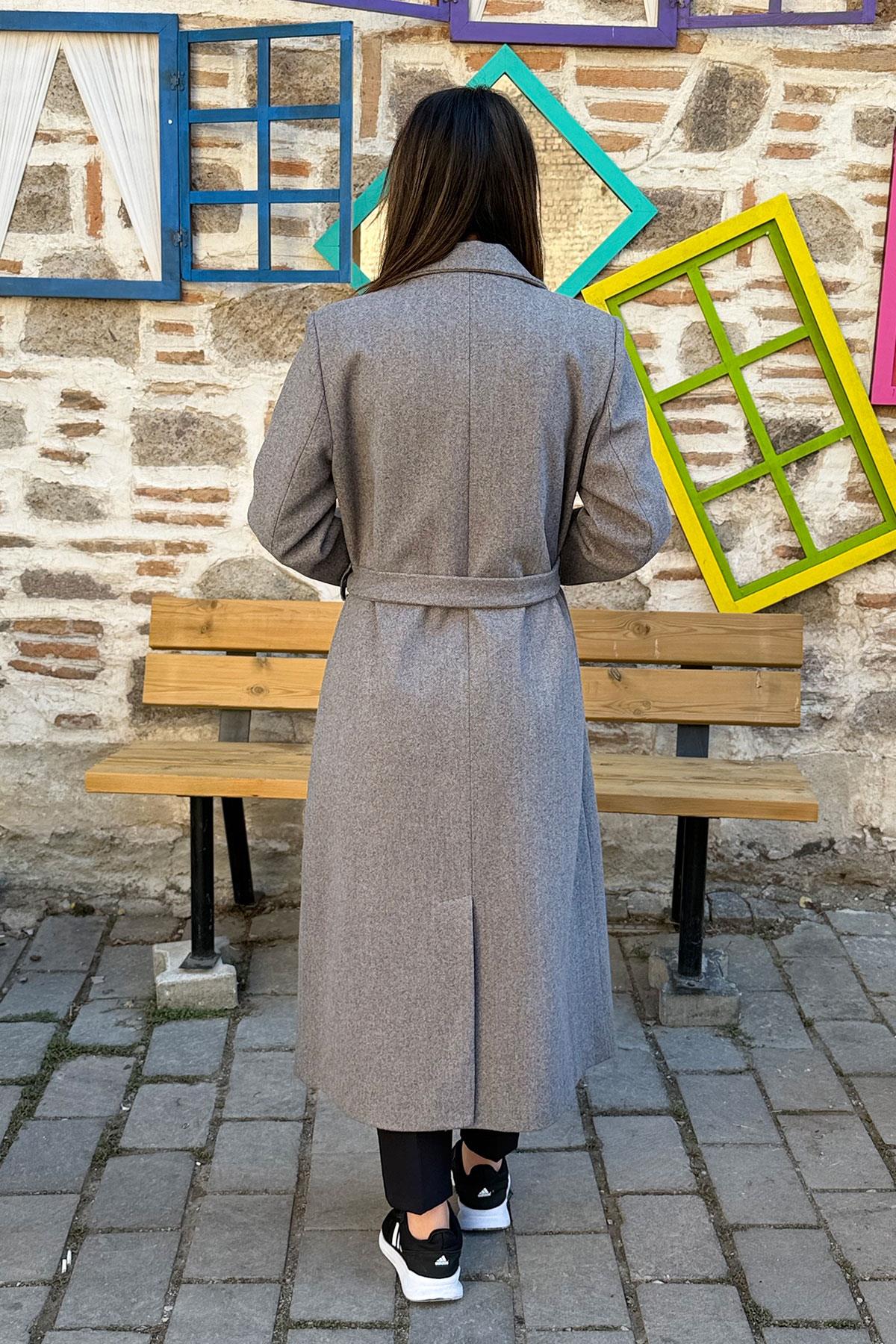 Yandan Bağlamalı Kruvaze Kaşe Kaban - GRİ