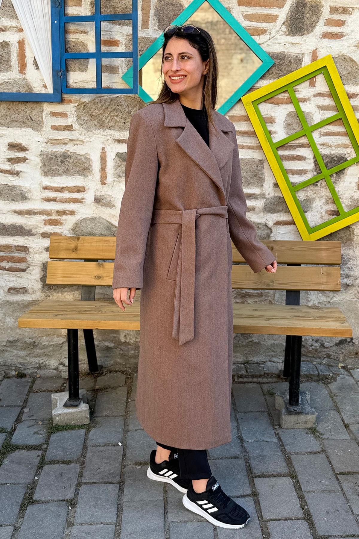 Yandan Bağlamalı Kruvaze Kaşe Kaban - KAHVE