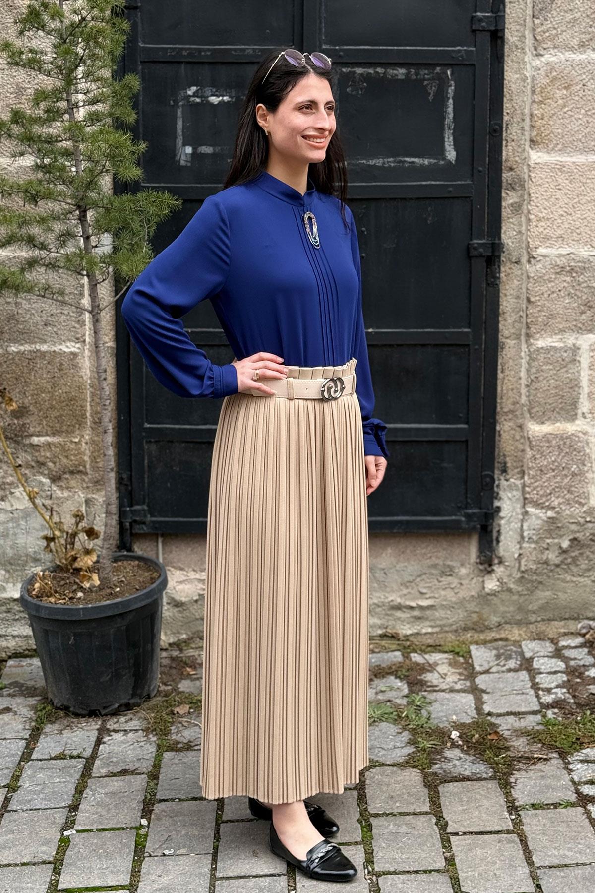 Yüksek Bel Kemerli Pliseli Etek - BEJ