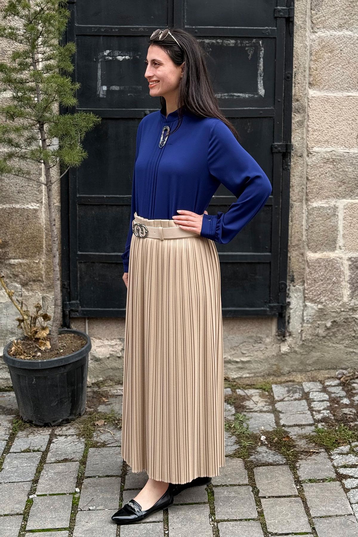 Yüksek Bel Kemerli Pliseli Etek - BEJ