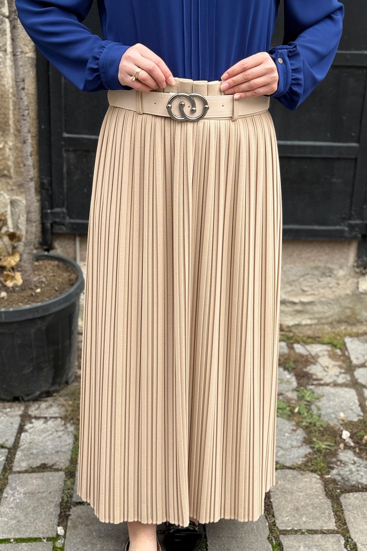 Yüksek Bel Kemerli Pliseli Etek - BEJ