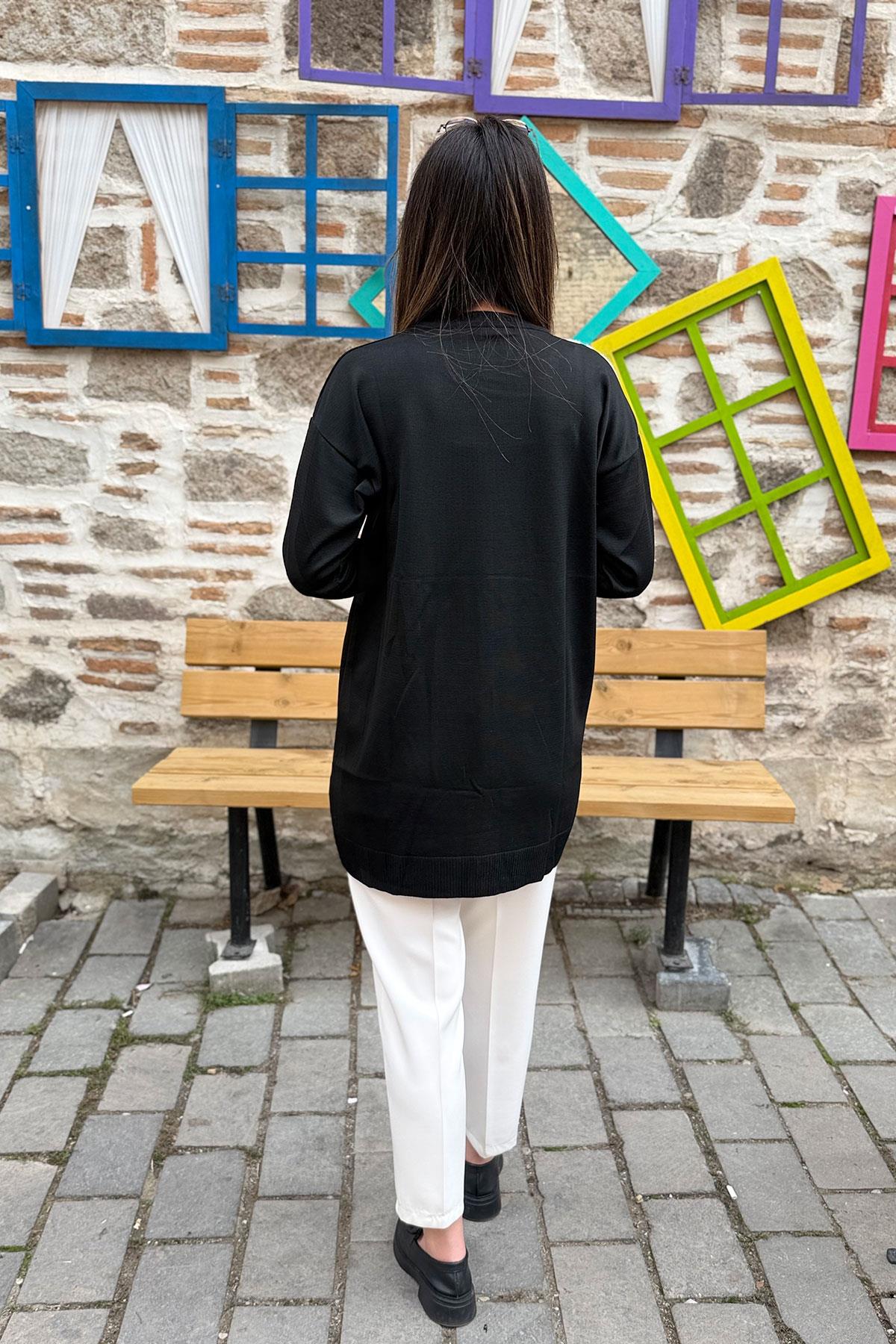 Zebra Desenli Garnili Triko Tunik - SİYAH