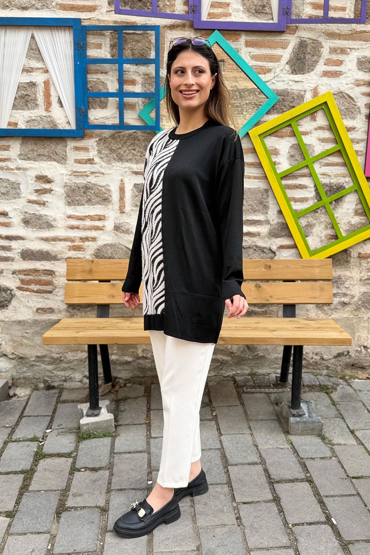 Zebra Desenli Garnili Triko Tunik - SİYAH