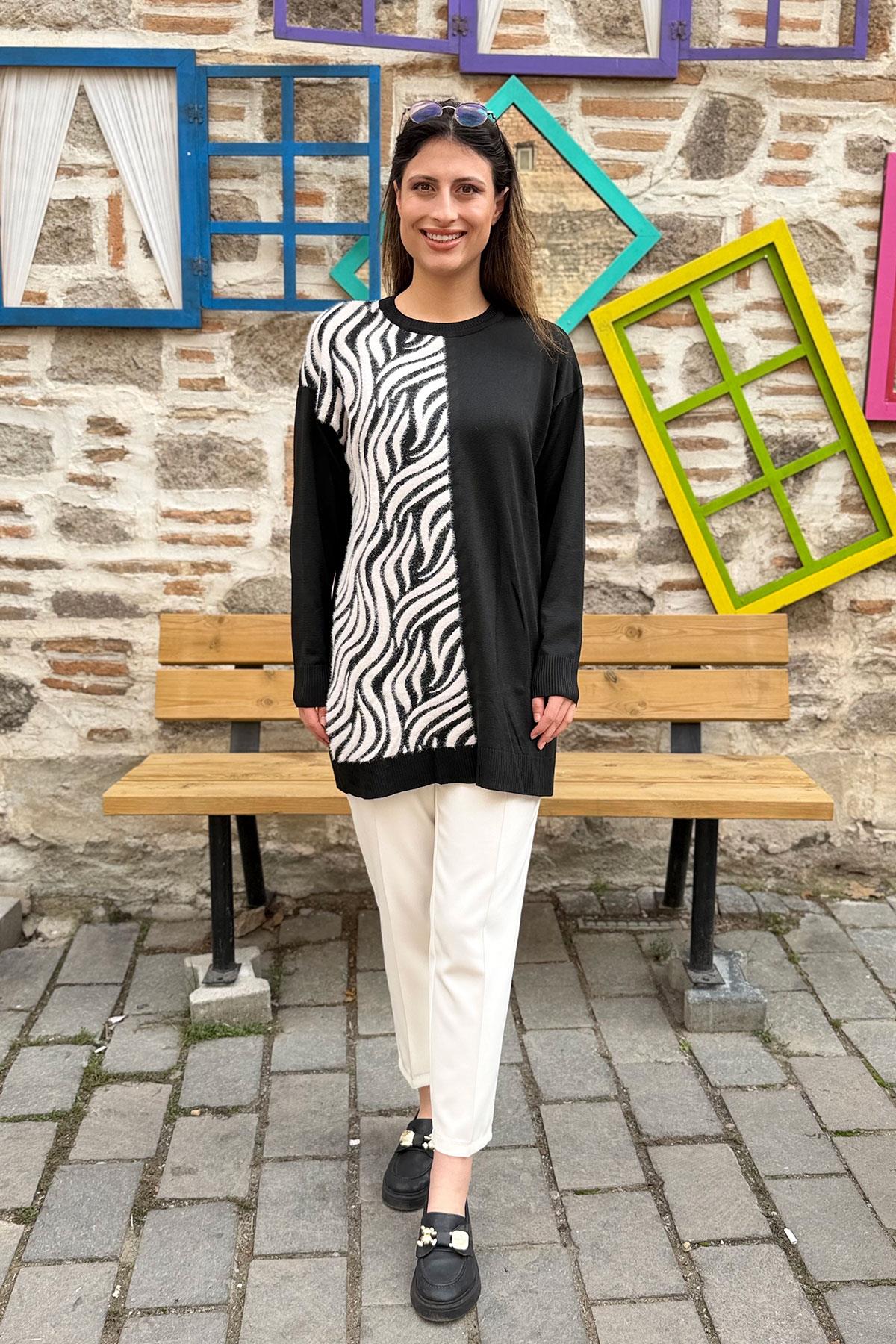 Zebra Desenli Garnili Triko Tunik - SİYAH