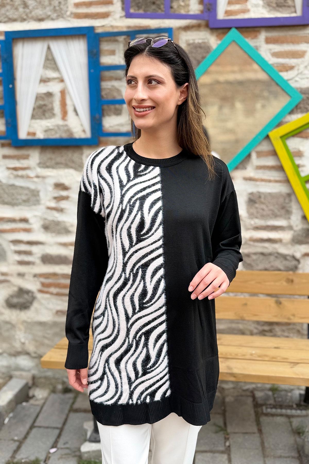 Zebra Desenli Garnili Triko Tunik - SİYAH