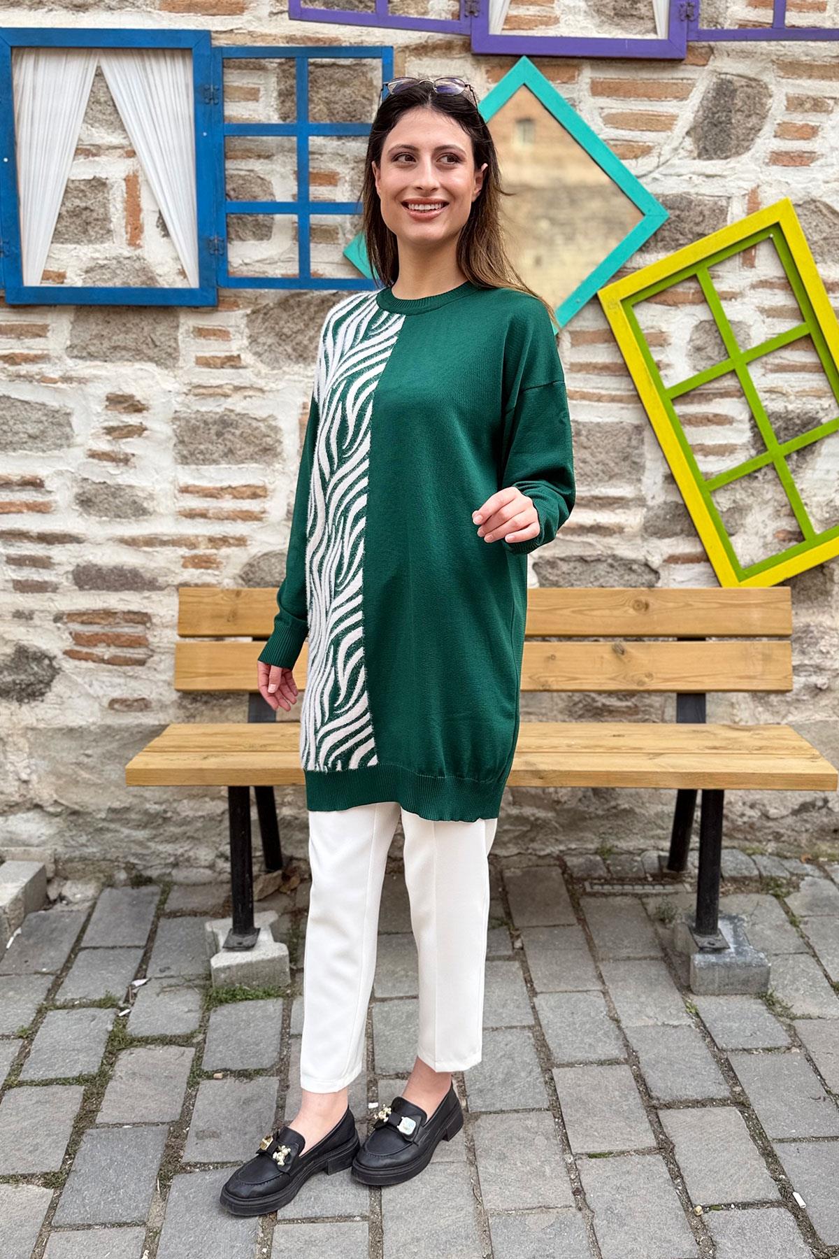 Zebra Desenli Garnili Triko Tunik - ZÜMRÜT