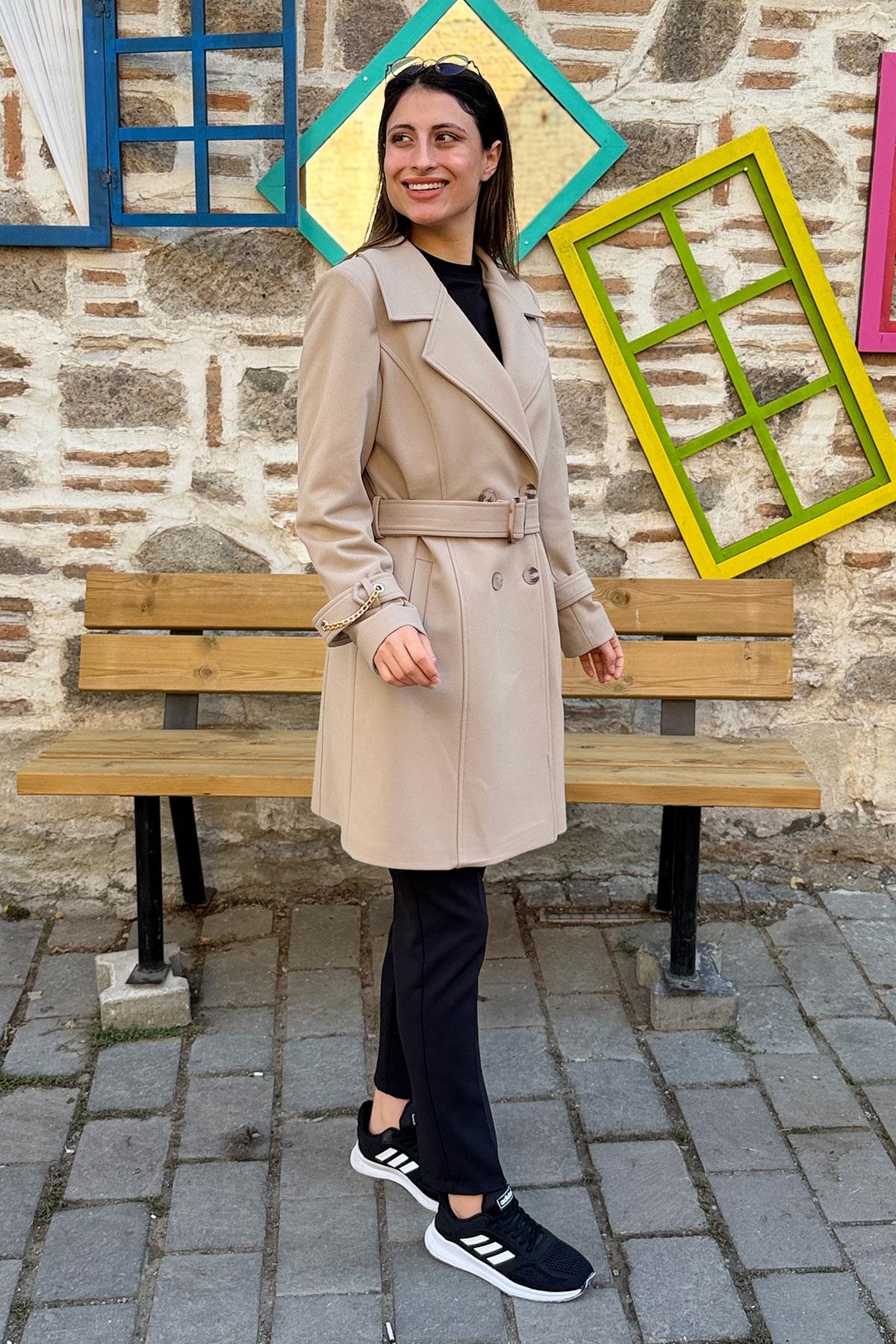 Zincir Detaylı Kaşe Kaban - BEJ