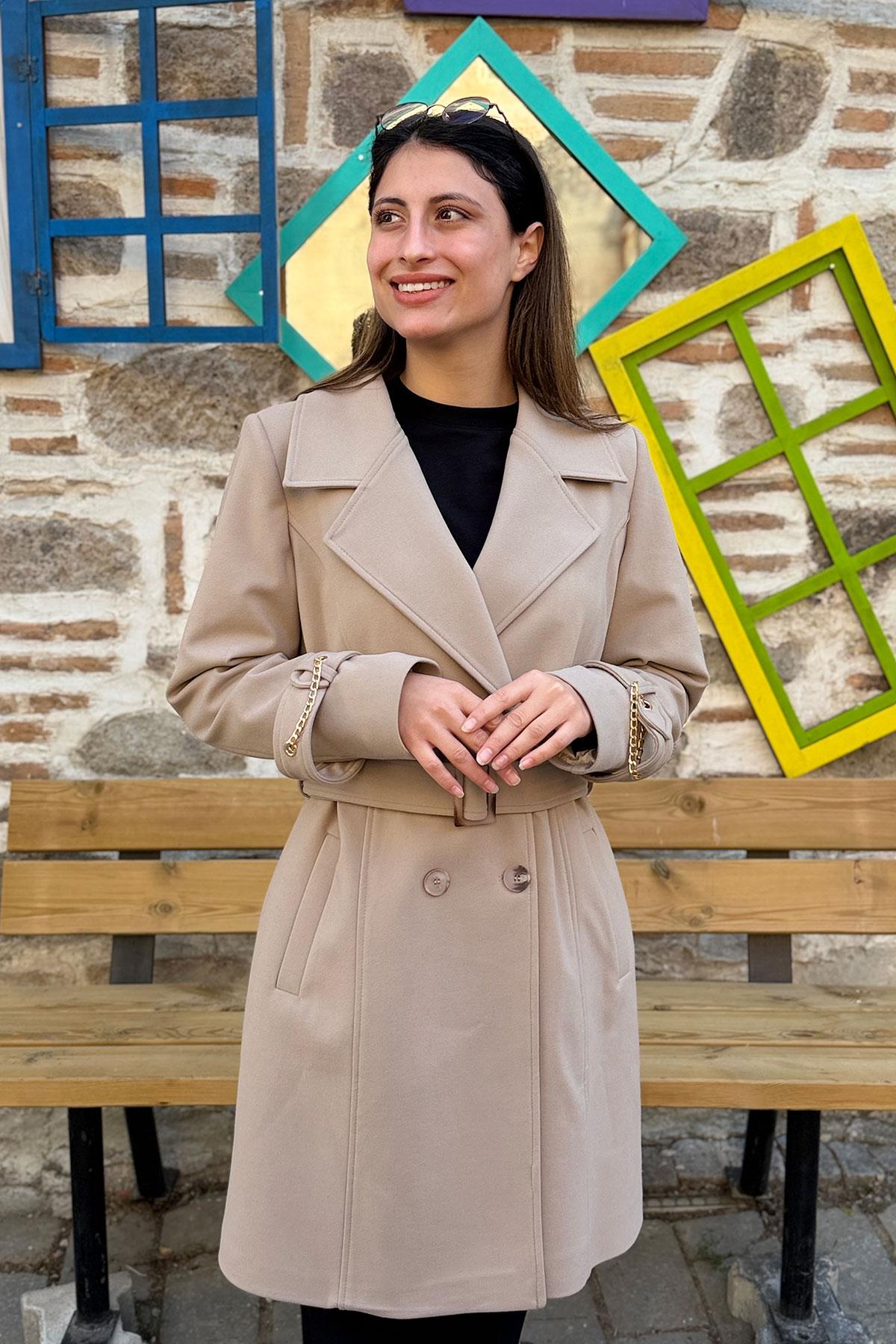 Zincir Detaylı Kaşe Kaban - BEJ