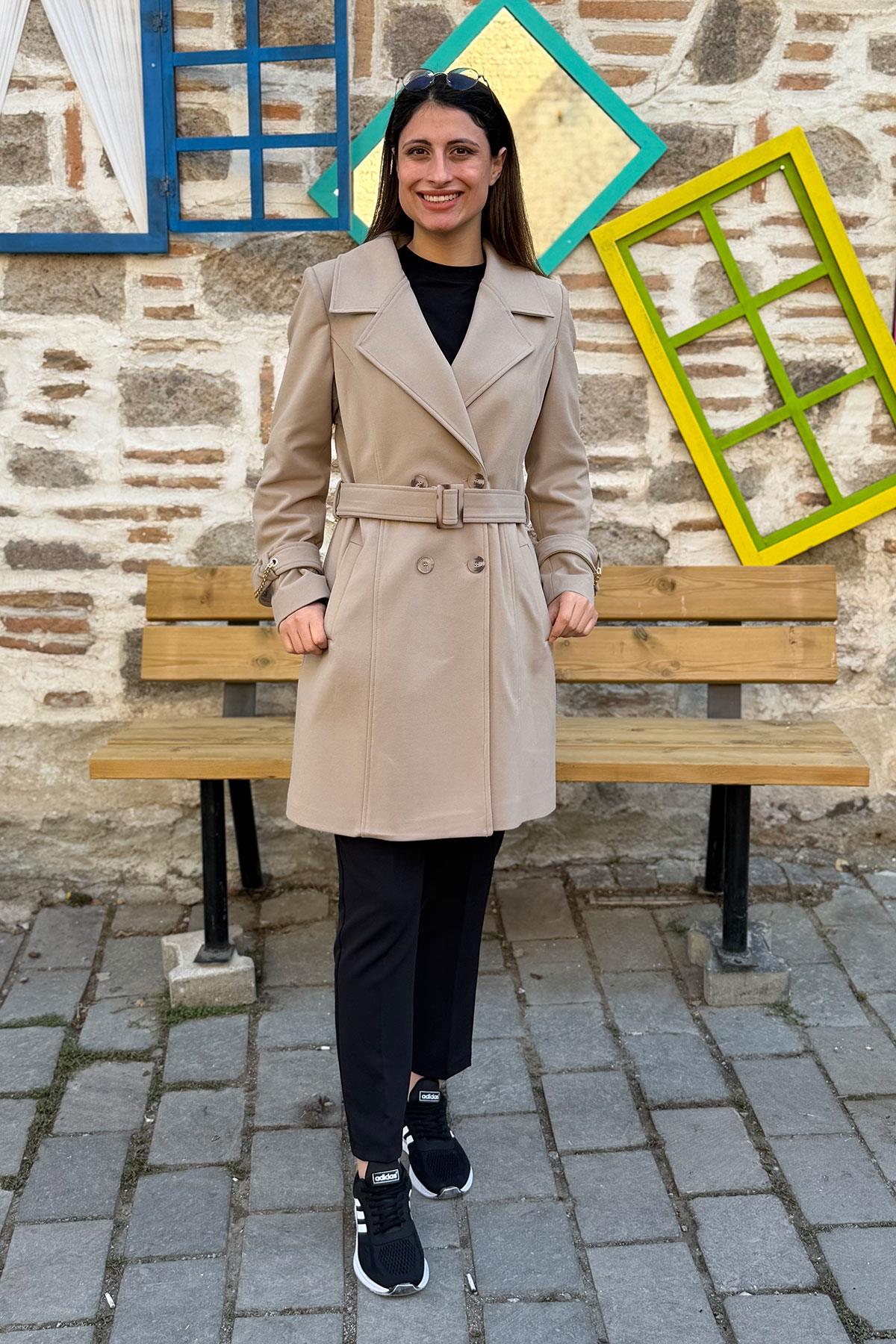 Zincir Detaylı Kaşe Kaban - BEJ