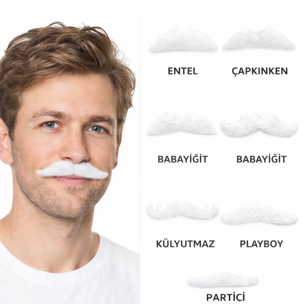 6'lı Yapışkanlı Beyaz Takma Bıyık Seti Farklı Modeller Parti ve Kostüm Aksesuarı Sakal ve Bıyıklar KostümPartim® | 6’lı Yapışkanlı Beyaz Takma Bıyık Seti | Farklı Modeller Parti Kostüm Aksesuarı