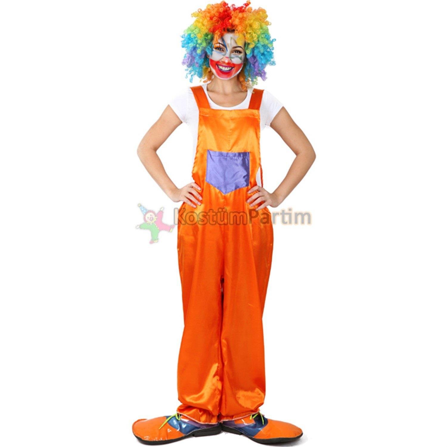 Askılı Palyaço Kostümü Turuncu Salopet Yetişkin Yetişkin Palyaço Kıyafetleri Palyaço Kostümü Turuncu Salopet - KostümPartim®