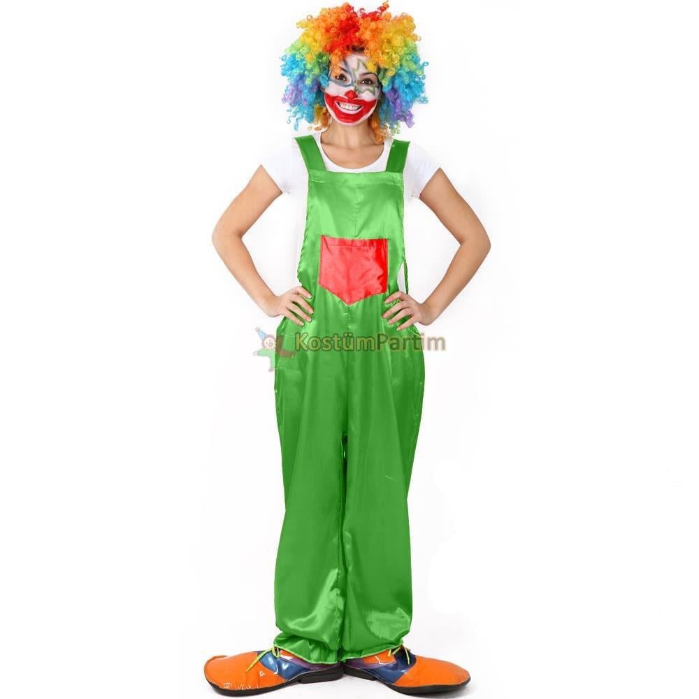 Askılı Palyaço Kostümü Yeşil Salopet Yetişkin Yetişkin Palyaço Kıyafetleri Askılı Palyaço Kostümü Yeşil Salopet - KostümPartim®