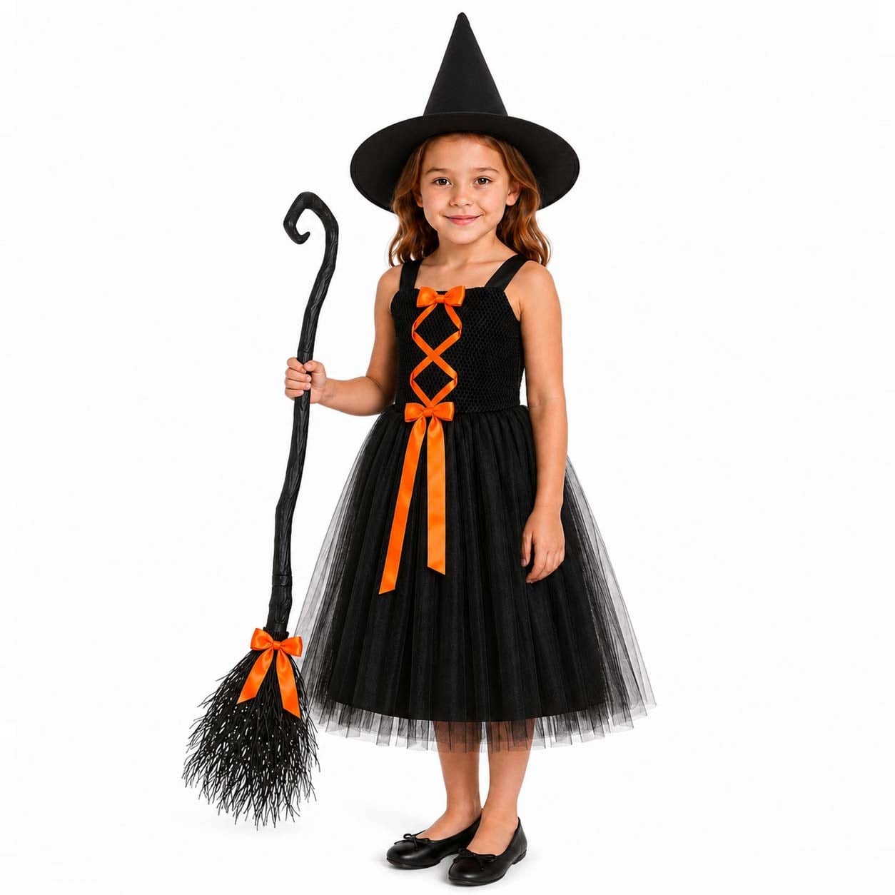 Halloween Çocuk Cadı Kostümü, Turuncu Kurdeleli Kız Çocuk Kostümleri KostümPartim® | Halloween Cadı Kostümü Kız Çocuk 4-12 Yaş | Turuncu Kurdeleli Şapkalı Kıyafet
