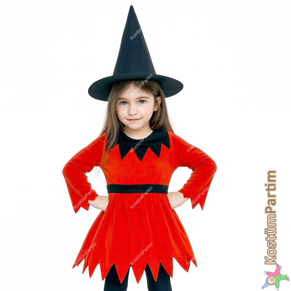 Halloween Çocuk Turuncu Renk Cadı Kostümü Kız Çocuk Kostümleri KostümPartim® Halloween Çocuk Turuncu Renk Cadı Kostümü – Şapka ve Kemer Dahil