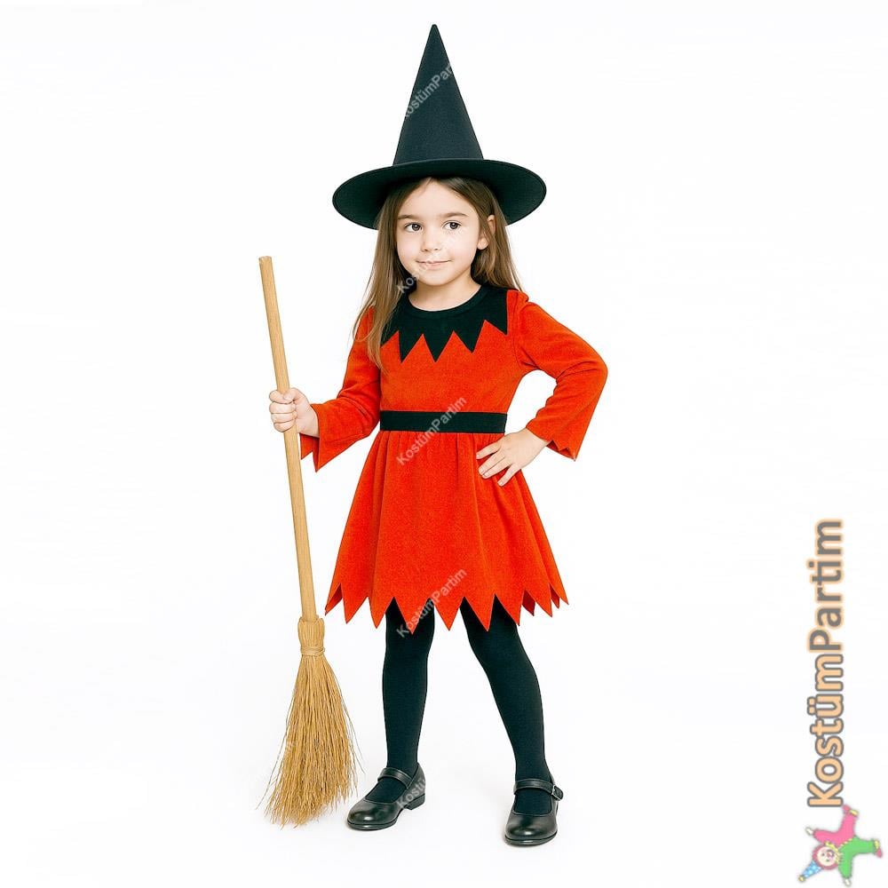 Halloween Çocuk Turuncu Renk Cadı Kostümü Kız Çocuk Kostümleri KostümPartim® Halloween Çocuk Turuncu Renk Cadı Kostümü – Şapka ve Kemer Dahil