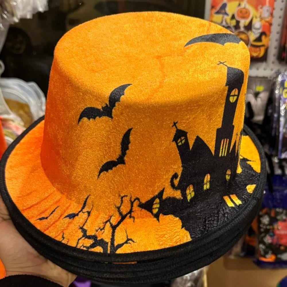 Halloween Perili Ev Baskılı Kadife Silindir Şapka Şapkalar Halloween Perili Ev Baskılı Kadife Silindir Şapka - KostümPartim®