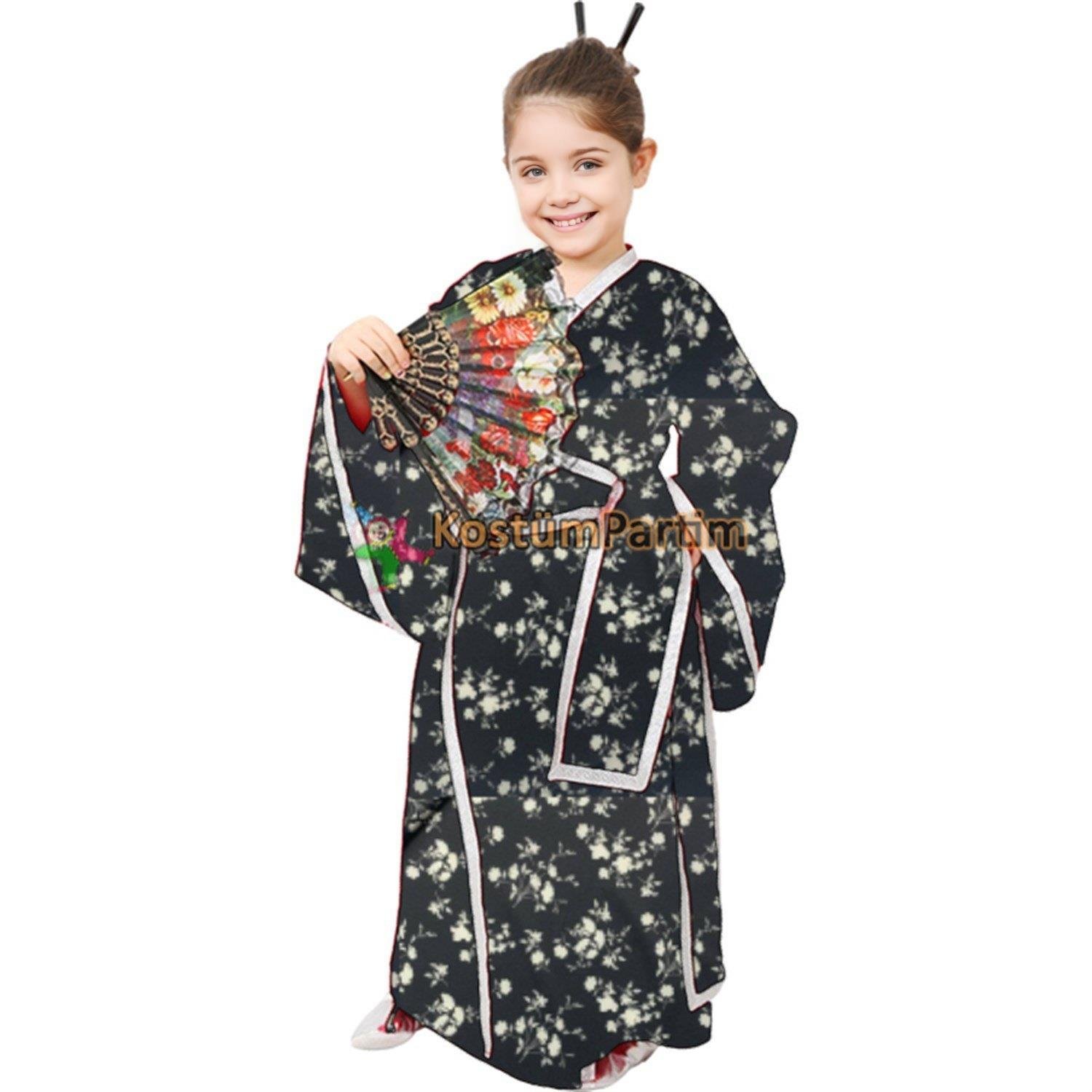 Japonya Kimono Kostümü Kız Çocuk Kıyafeti Siyah Ülke Kostümleri Japonya Kimono Kostümü Kız Çocuk Kıyafeti Siyah - KostümPartim®