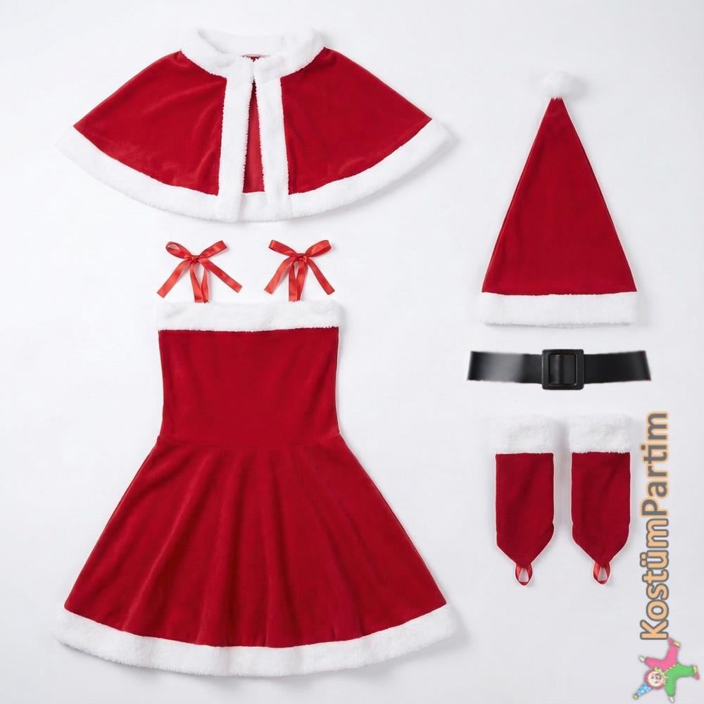 Noel Anne Kıyafeti Straplez Polar Kostüm-Pelerin ve Eldiven Noel Anne Kostümleri Noel Anne Kıyafeti Straplez Polar Kostüm-Pelerin ve Eldiven - KostümPartim®