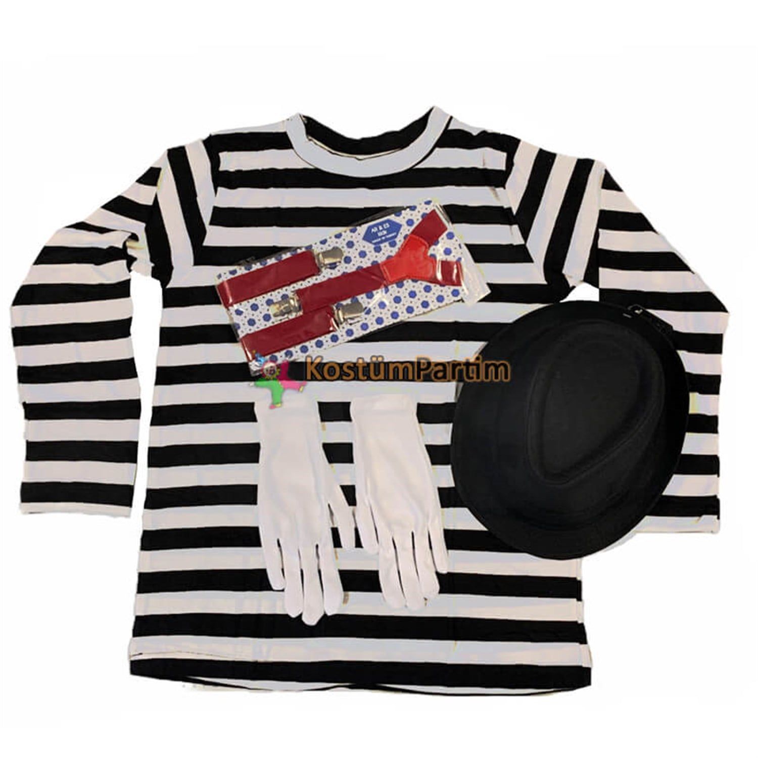Pandomim Tshirt Eldiven Şapka Askı Tam TakımMeslek KostümleriKostümPartim ★ Pandomim Kıyafeti Tam Takım / Dans ve Gösteri Kostümleri