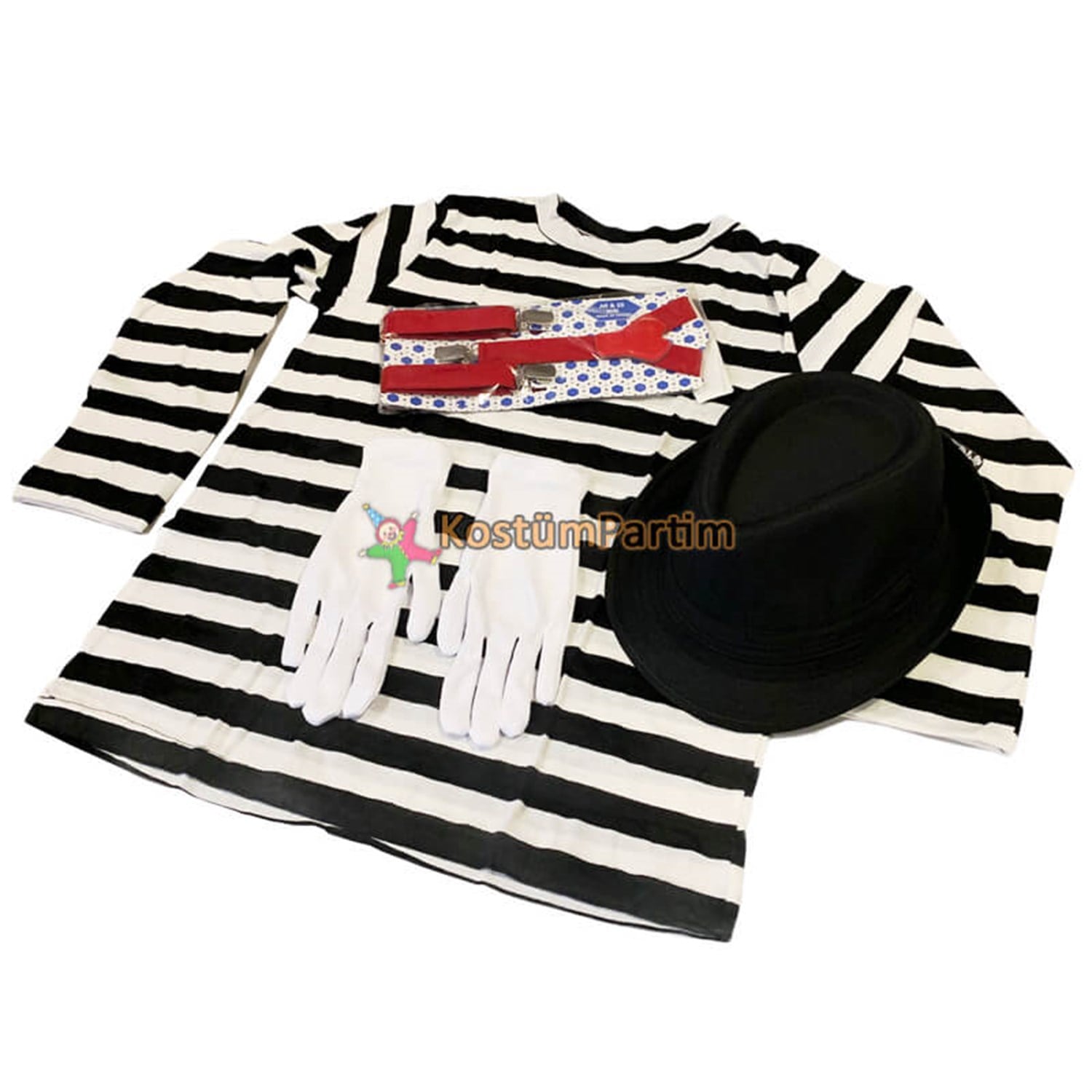 Pandomim Tshirt Eldiven Şapka Askı Tam TakımMeslek KostümleriKostümPartim ★ Pandomim Kıyafeti Tam Takım / Dans ve Gösteri Kostümleri
