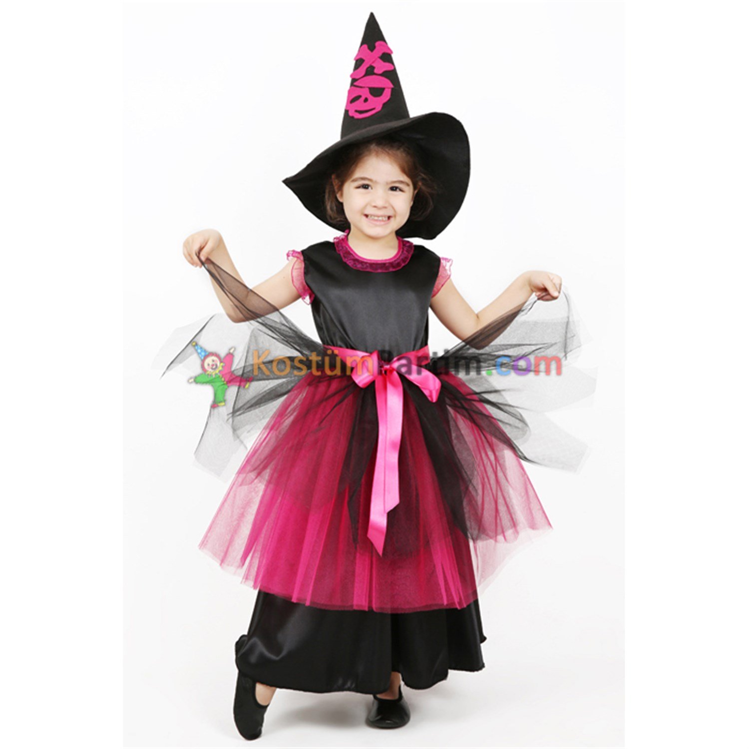 Pembe Tatlı Cadı Kostümü Çocuk (İskelet Pelerinli)Cadılar Bayramı Kostümleri
